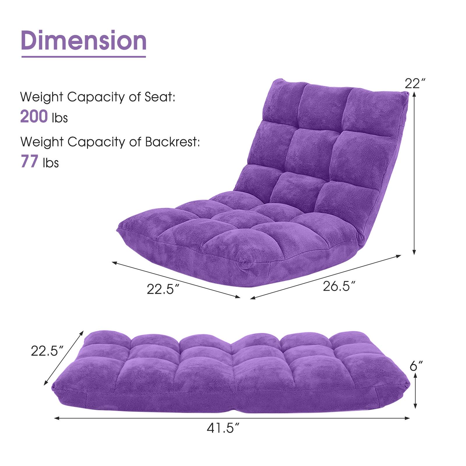 Dimension

Weight Capacity of Seat: 200 lbs

Weight Capacity of Backrest: 77 lbs

22.5" x 26.5" x 22" x 6" x 41.5"