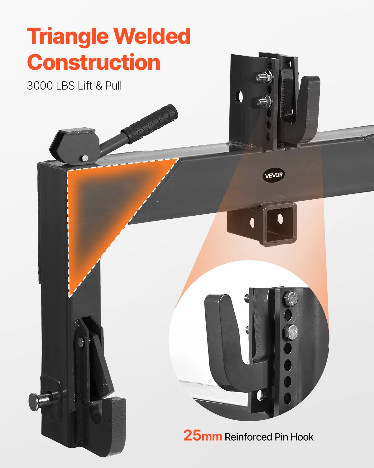 Triangle Welded Construction  
3000 LBS Lift & Pull  
25mm Reinforced Pin Hook  
VEVOR