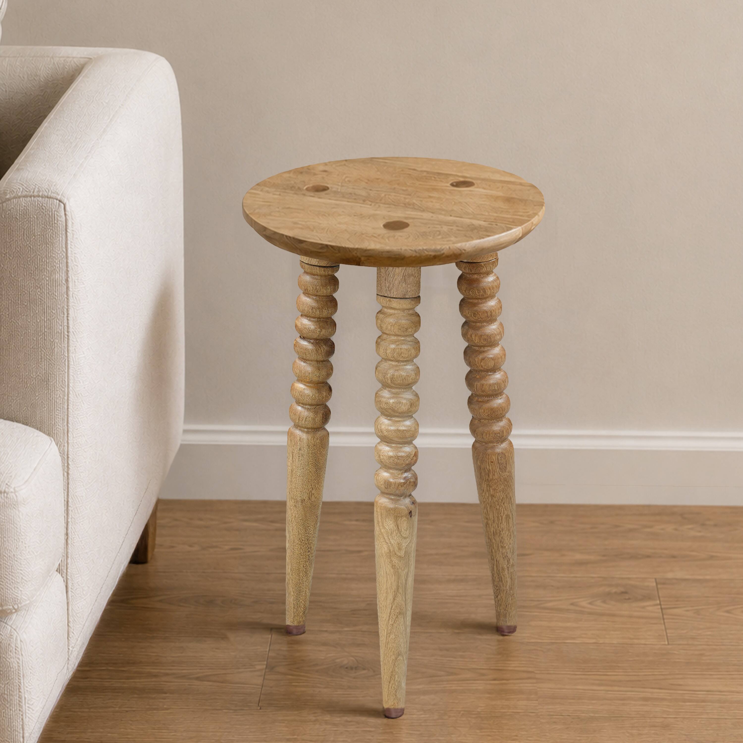Alt View 3. Manhattan Lane - Geya Round Side Table, Tripod Spindle Legs, Natural Brown Mango Wood, 24 Inch High - Natural Brown.