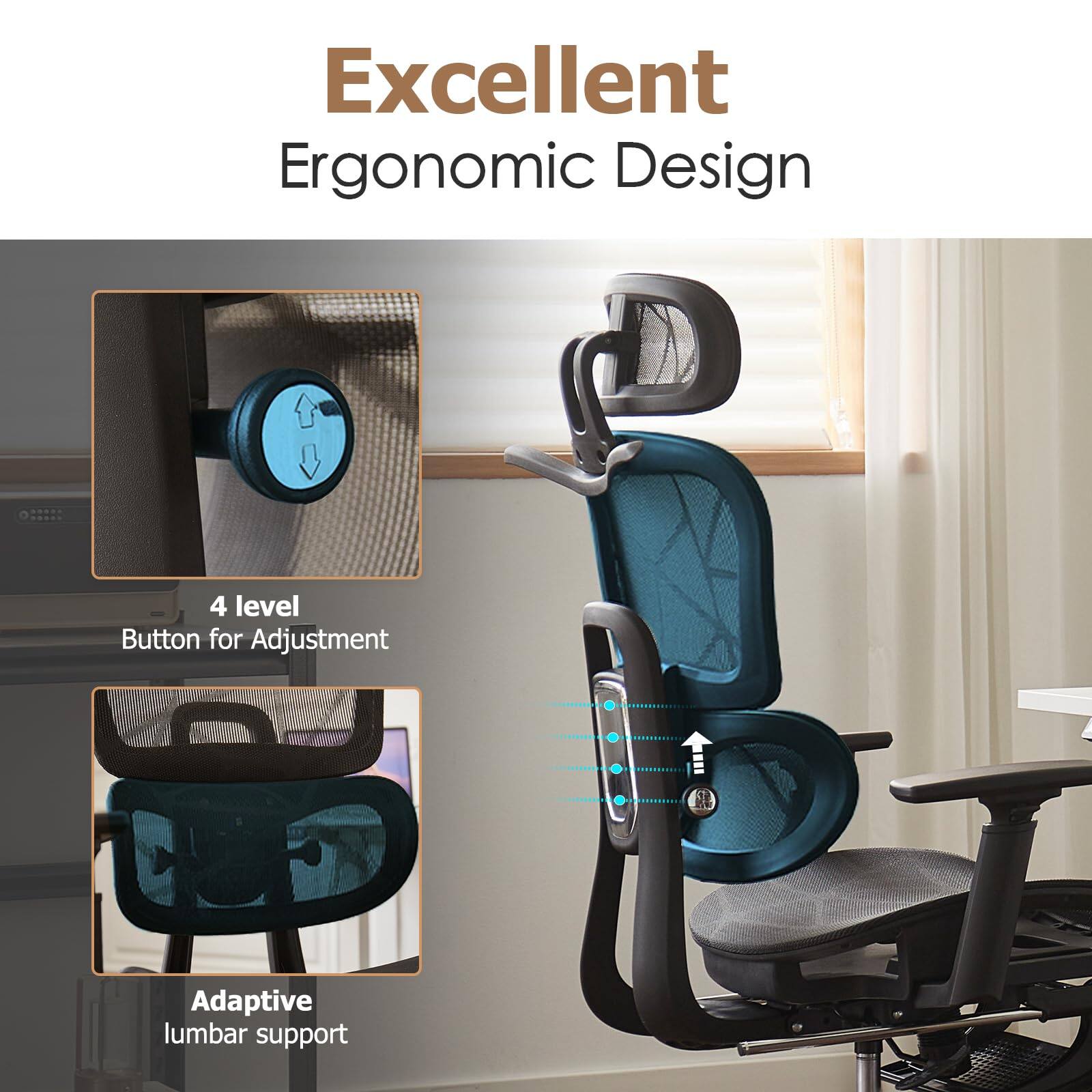 Excellent Ergonomic Design

4 level Button for Adjustment

Adaptive lumbar support