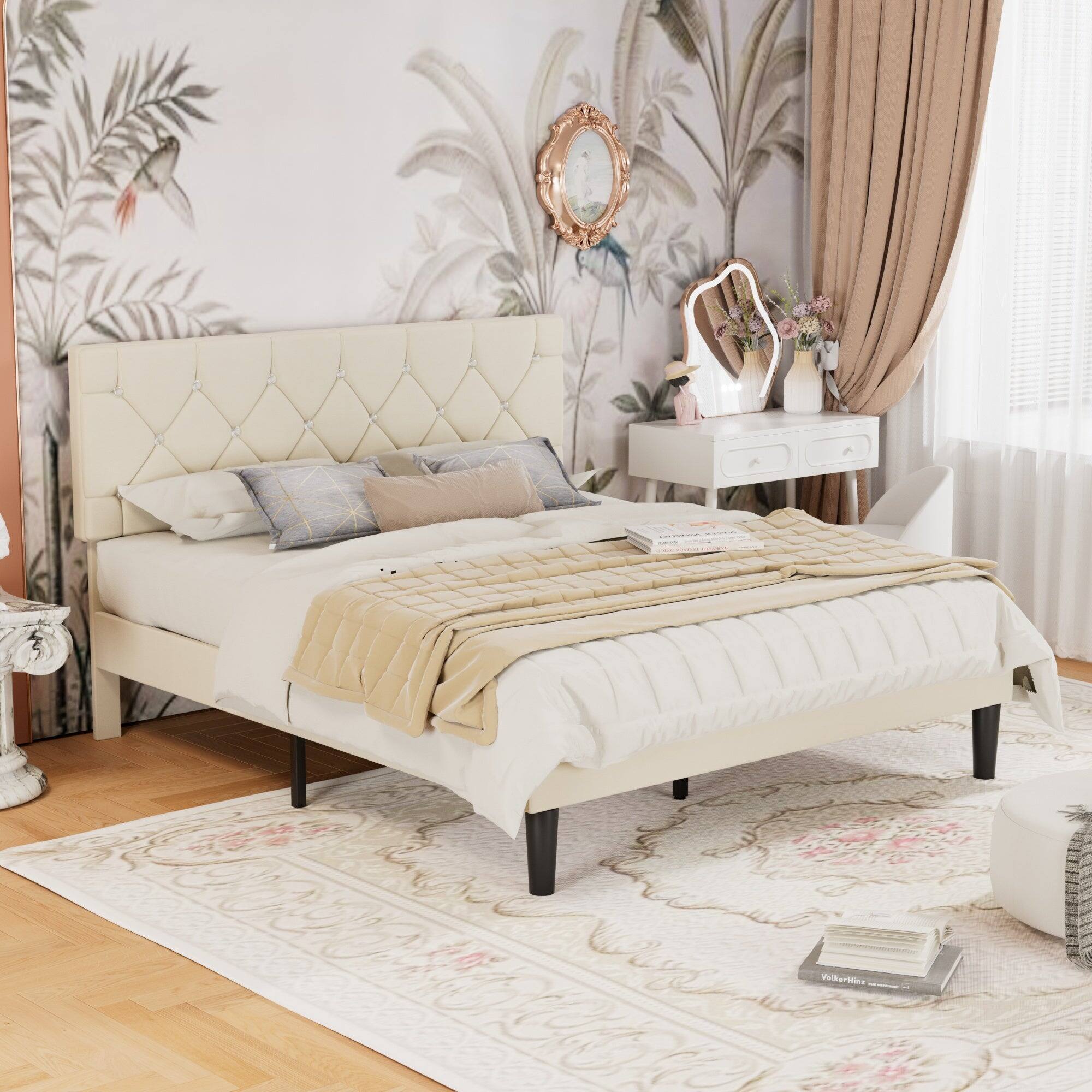 Angle. Vecelo - Full Bed Frame with Upholstered Headboard, Heavy Duty Wooden Bed Slats - Noiseless Platform Bed, No Box Spring Required - Beige.