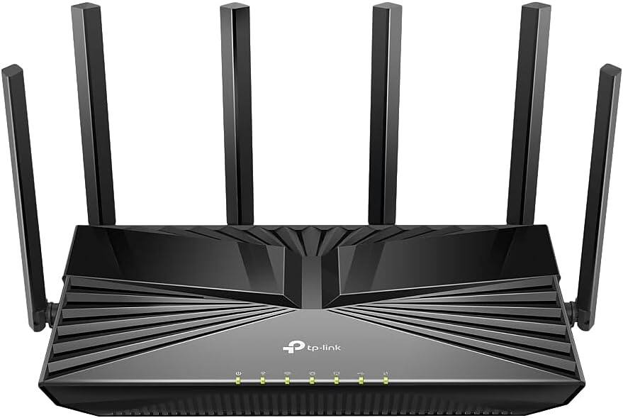 Front. TP-Link - AX4400 Mesh Dual Band 6-Stream Router - Black.