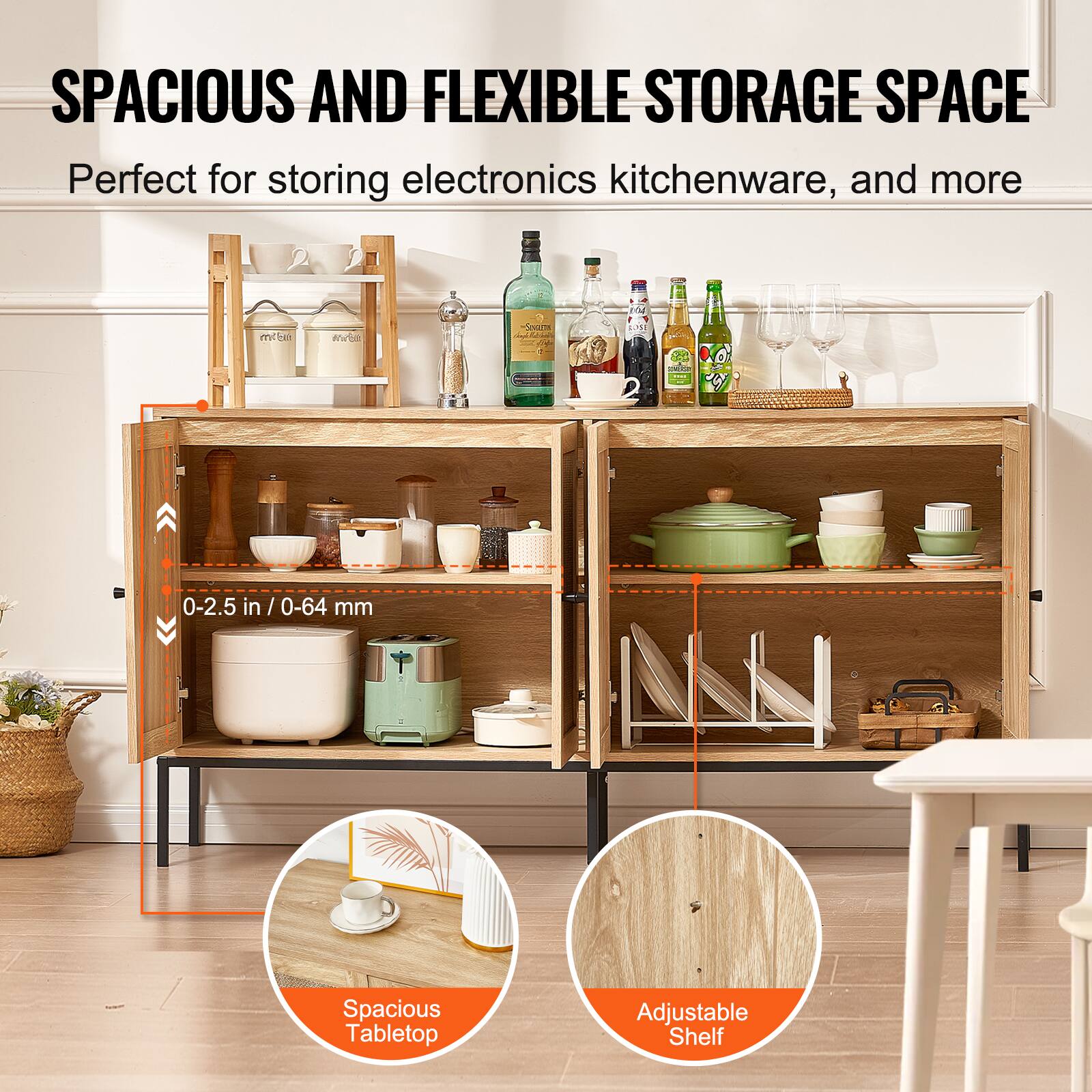 SPACIOUS AND FLEXIBLE STORAGE SPACE  
Perfect for storing electronics, kitchenware, and more  

0-2.5 in / 0-64 mm  

Spacious Tabletop  
Adjustable Shelf