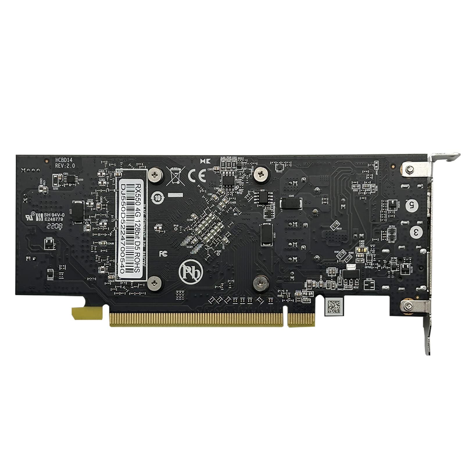 Sure, here is the corrected and grouped text from the image:

- HCBD14
- REV:2.0
- MAAA 5
- SH S4V-O
- LR M 248779
- 2208
- M C 3
- 5 5E RX550 4G
- 1 J550D5224700546
- ROHS
- D5 128bitD5
- 21
- 1 pns
- i ME CE
- 10
- FC Pb
- OM 1t
- -1
- 5 E

Additional details from the image:
- SH 84V-0 E24879
- D35000352
- RKE6G16 128
- 10
- 700540
- ROHS
- Pb
- CE
- FC