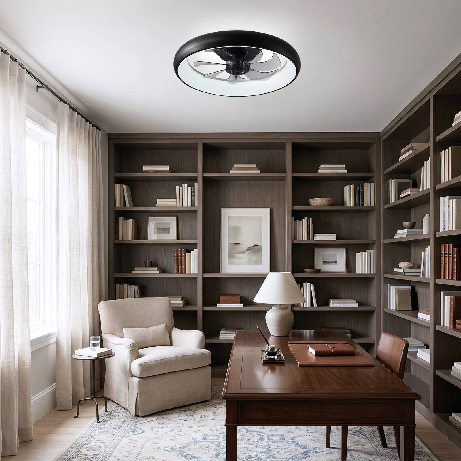 Alt View 4. Siljoy - 20 Inch Black Flush Mount Ceiling Fan with LED Lights, Remote & APP Control for Bedroom Living Room Kitchen - Black.