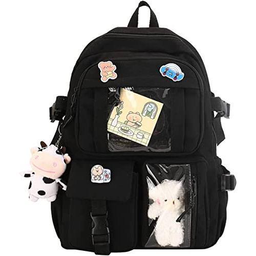 Front. Stamp n Camp - Backpack Lovely Pastel Rucksack For Teen Cute Aesthetic Bookbag School With Pin And Accessories (pink) - Black.