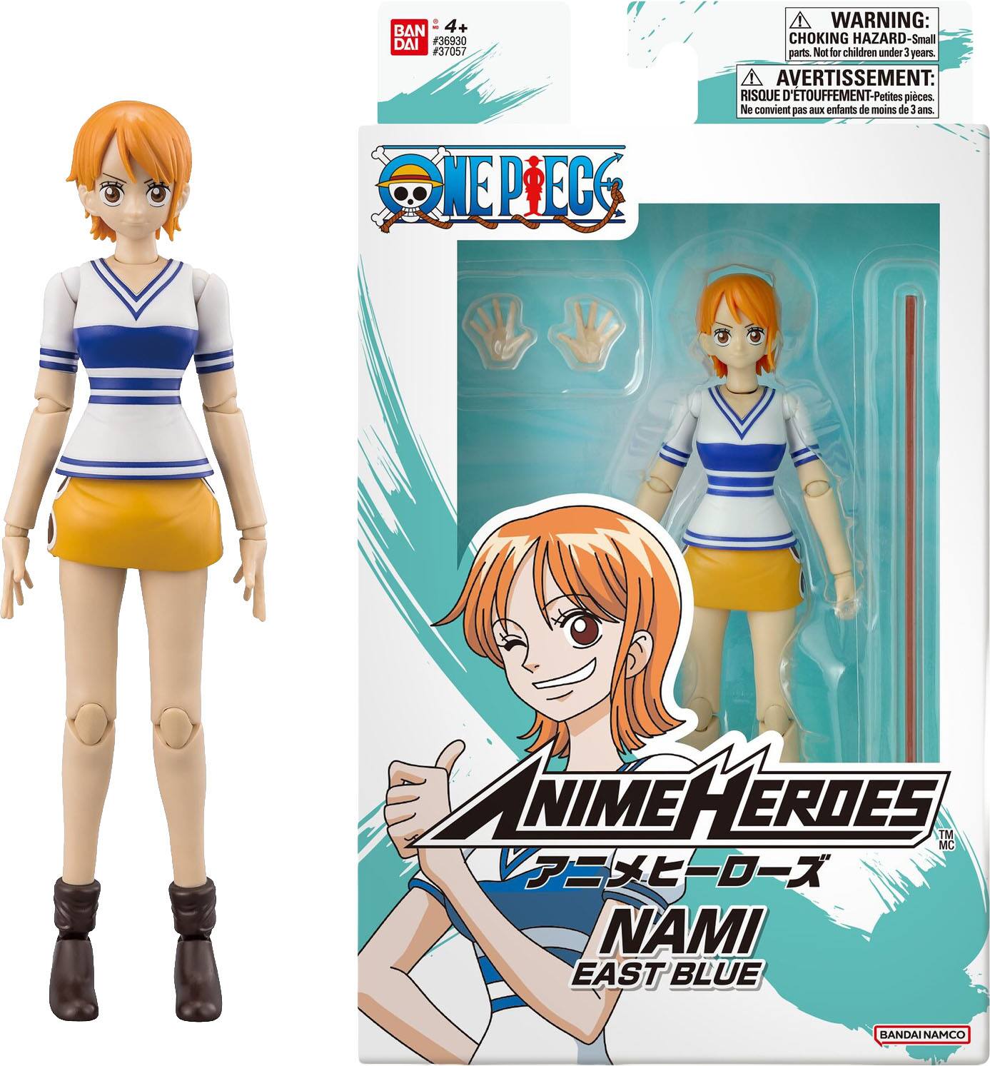 0 BAN 4+ DAI #36930 #37057

WARNING: CHOKING HAZARD-Small parts. Not for children under 3 years.  
AVERTISSEMENT: RISQUE D'ÉTOUFFEMENT-Petites pièces. Ne convient pas aux enfants de moins de 3 ans.

THINK A MEPIECO  
ANIME HEROES TM MC  
NAMI EAST BLUE  
BANDAI NAMCO