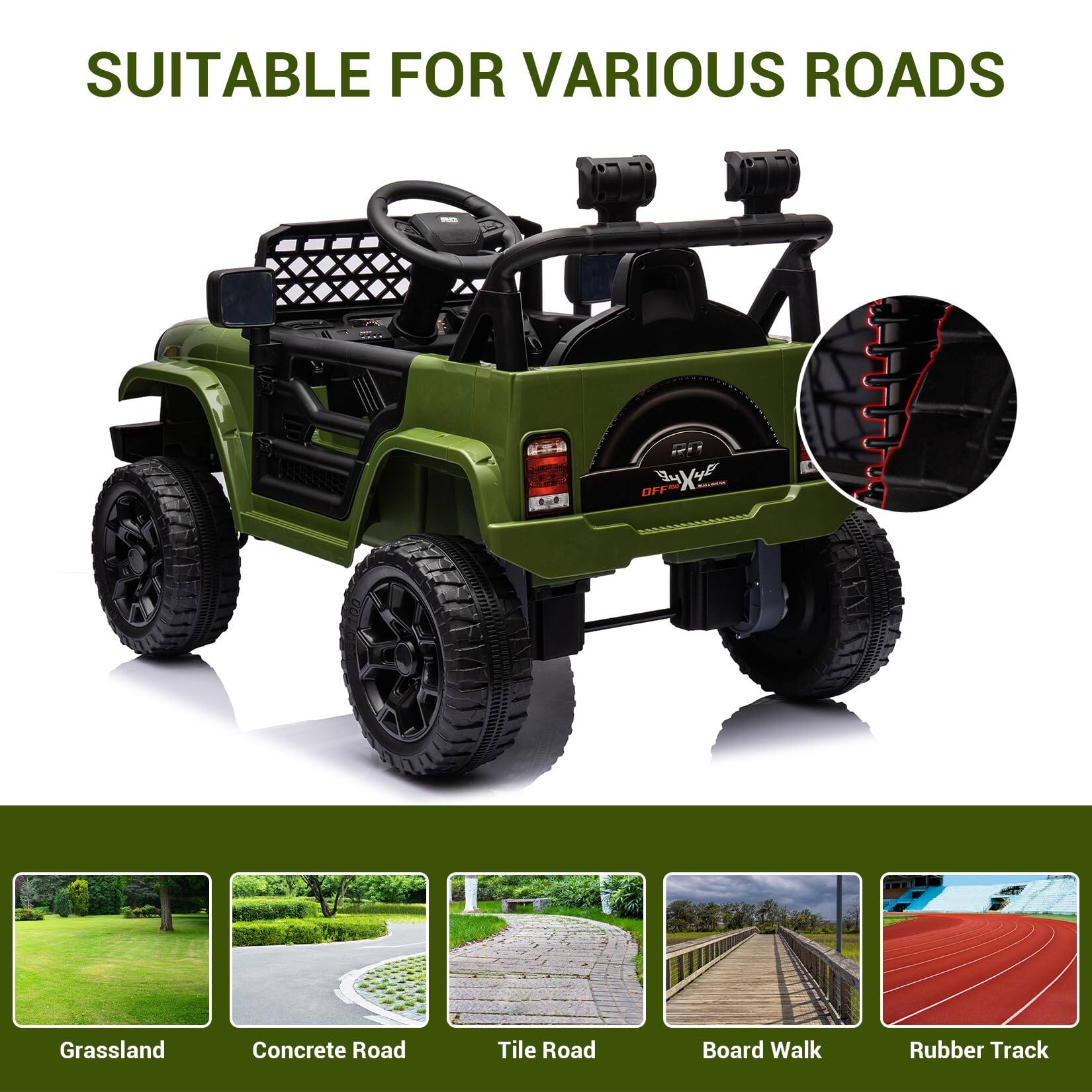 SUITABLE FOR VARIOUS ROADS

- Grassland
- Concrete Road
- Tile Road
- Board Walk
- Rubber Track