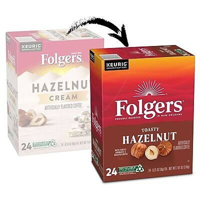 KEURIG Folgers  
HAZELNUT CREAM  
ARTIFICIALLY FLAVORED COFFEE  
Folgers PROUDLY ROASTED IN NEW ORLEANS  
24 K-CUPS  
NET WT 51.2 OZ (3.2 LB) 1.45 KG  

KEURIG Folgers  
TOASTY HAZELNUT  
ARTIFICIALLY FLAVORED COFFEE  
Folgers PROUDLY ROASTED IN NEW ORLEANS  
24 K-CUPS  
NET WT 51.2 OZ (3.2 LB) 1.45 KG