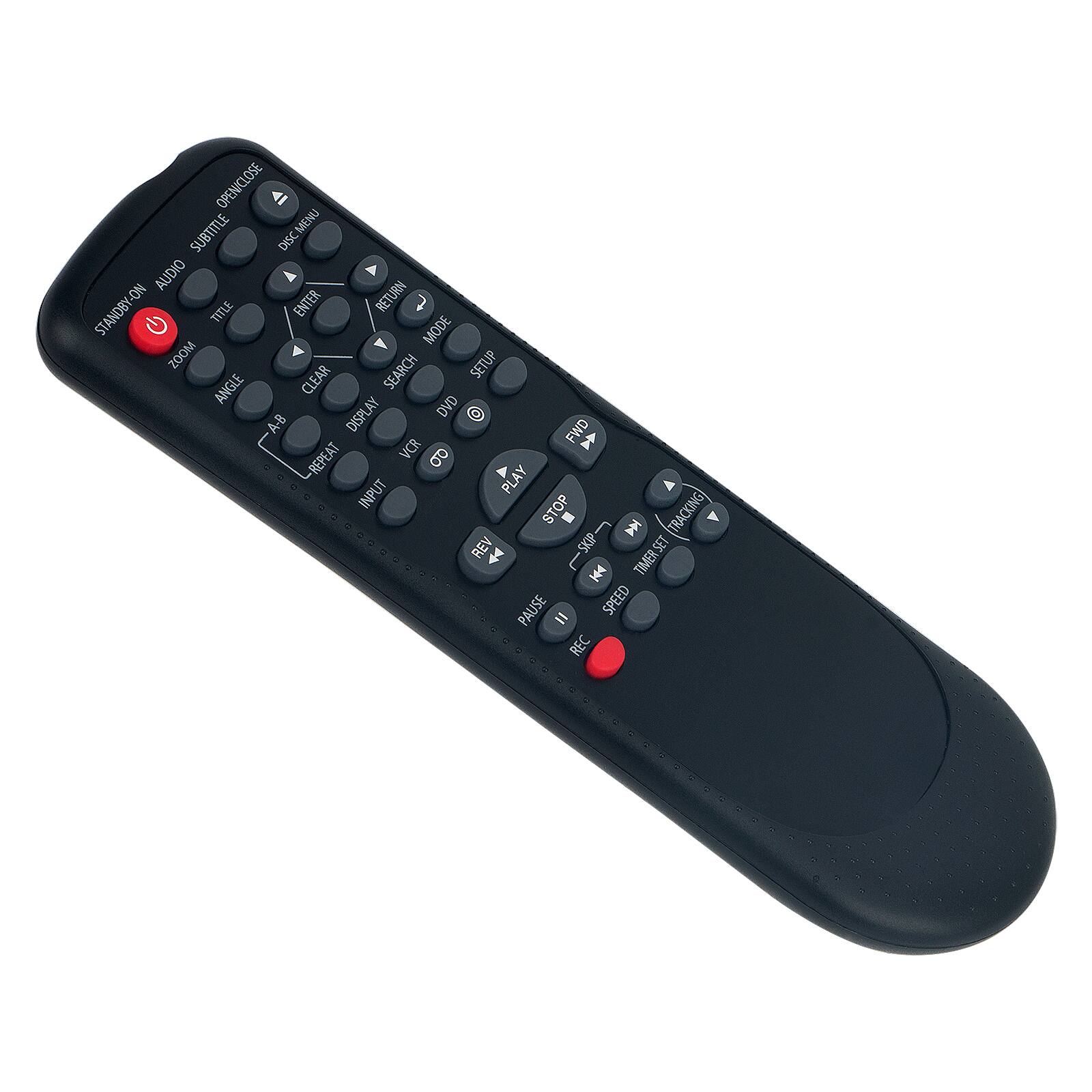 OPEN/CLOSE SUBTITLE DISC MENU DISC AUDIO STANDBY-ON TITLE ENTER RETURN 7 G MODE ZOOM SETUP ANGLE CLEAR SEARCH DISPLAY DVD A-B FWD VCR -REPEAT  INPUT PLAY STOP - TRACKING A  REV SKPP TIMEN SET SET  H PAUSE SPEED = REC