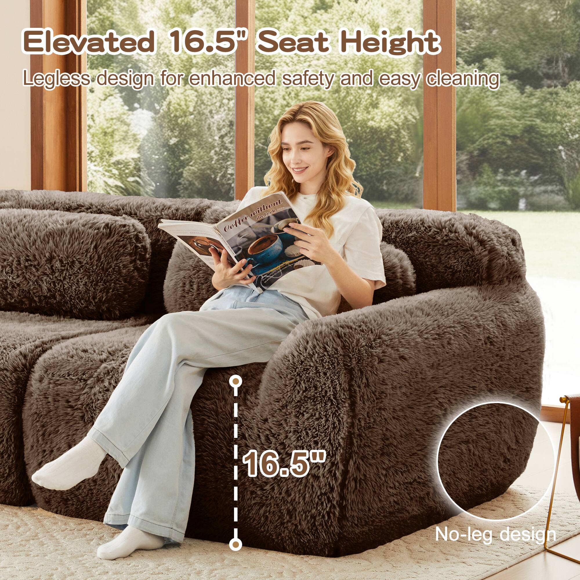Elevated 16.5" Seat Height  
Legless design for enhanced safety and easy cleaning  
No-leg design