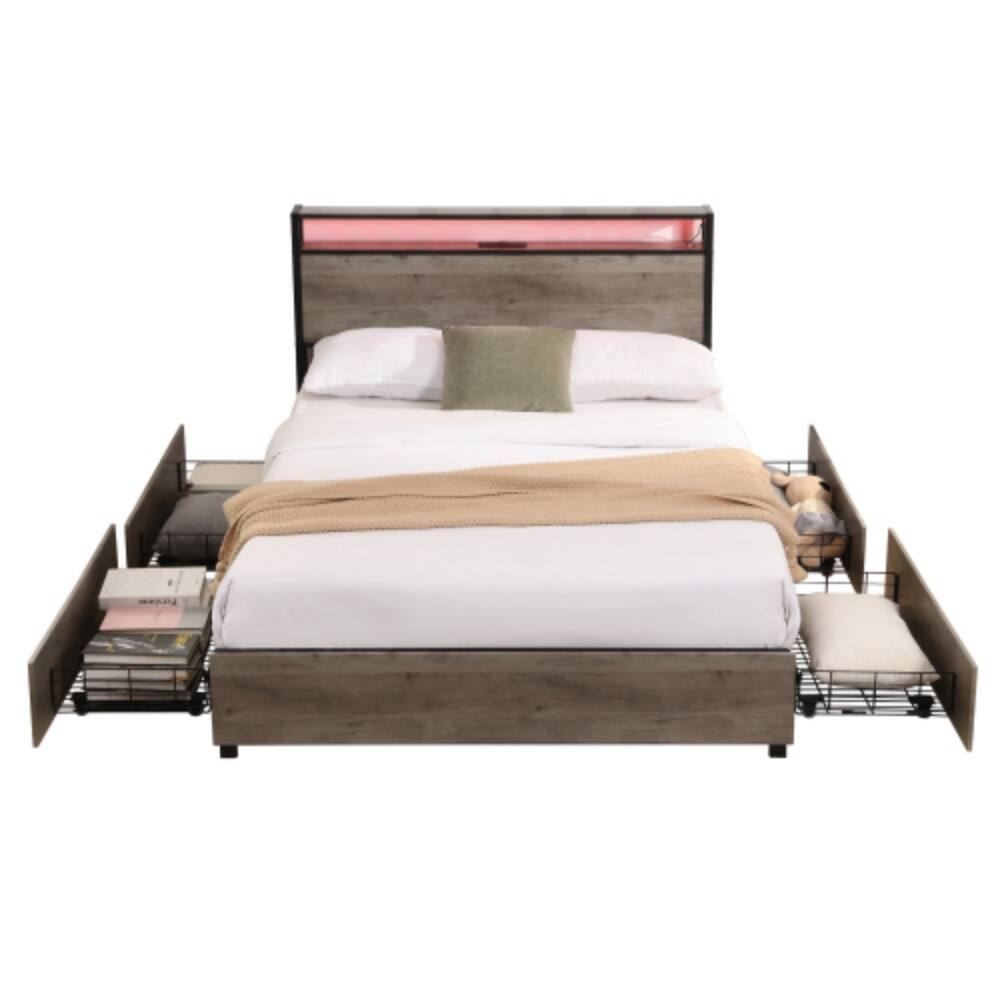 Alt View 2. LUCKY ONE - Full Size Bed Frame with Storage Headboard, USB Charging Station, RGB LED Lights, 4 Drawers, No Box Spring Needed - Antique Gray.