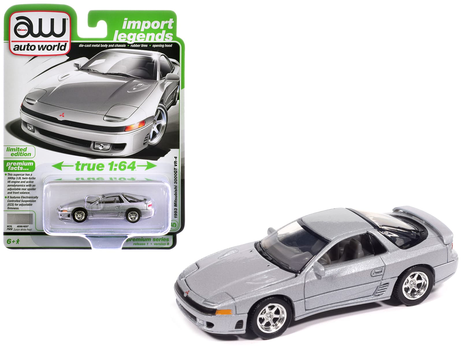 "Autoworld - 1993 Mitsubishi 3000GT VR-4 Zurich White Silver Metallic ""Import Legends"" Series 1/64 Diecast Model Car by Auto World" price history on PriceWatchPro