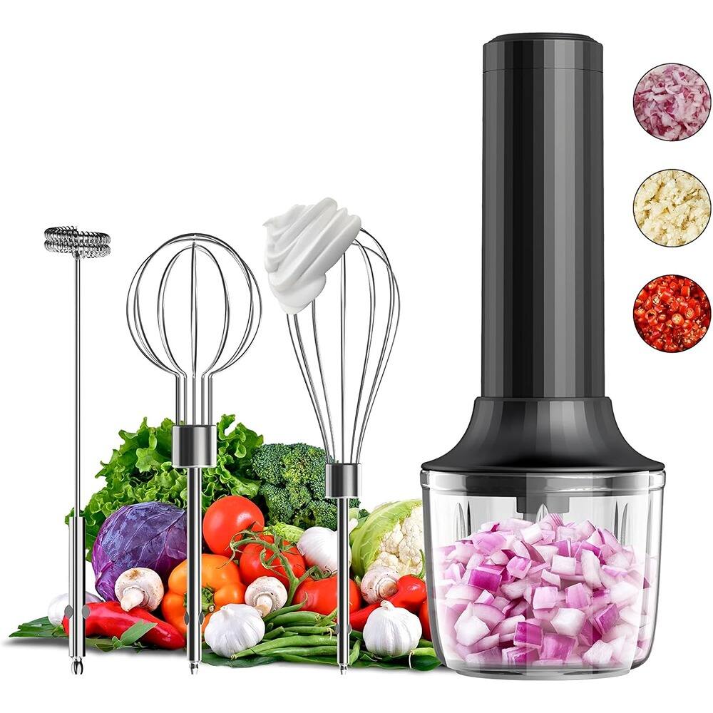 ACJPR - Electric handheld mixer with 4-speed settings, rechargeable cordless whisk and milk frother with 10oz mini food chopper - Black