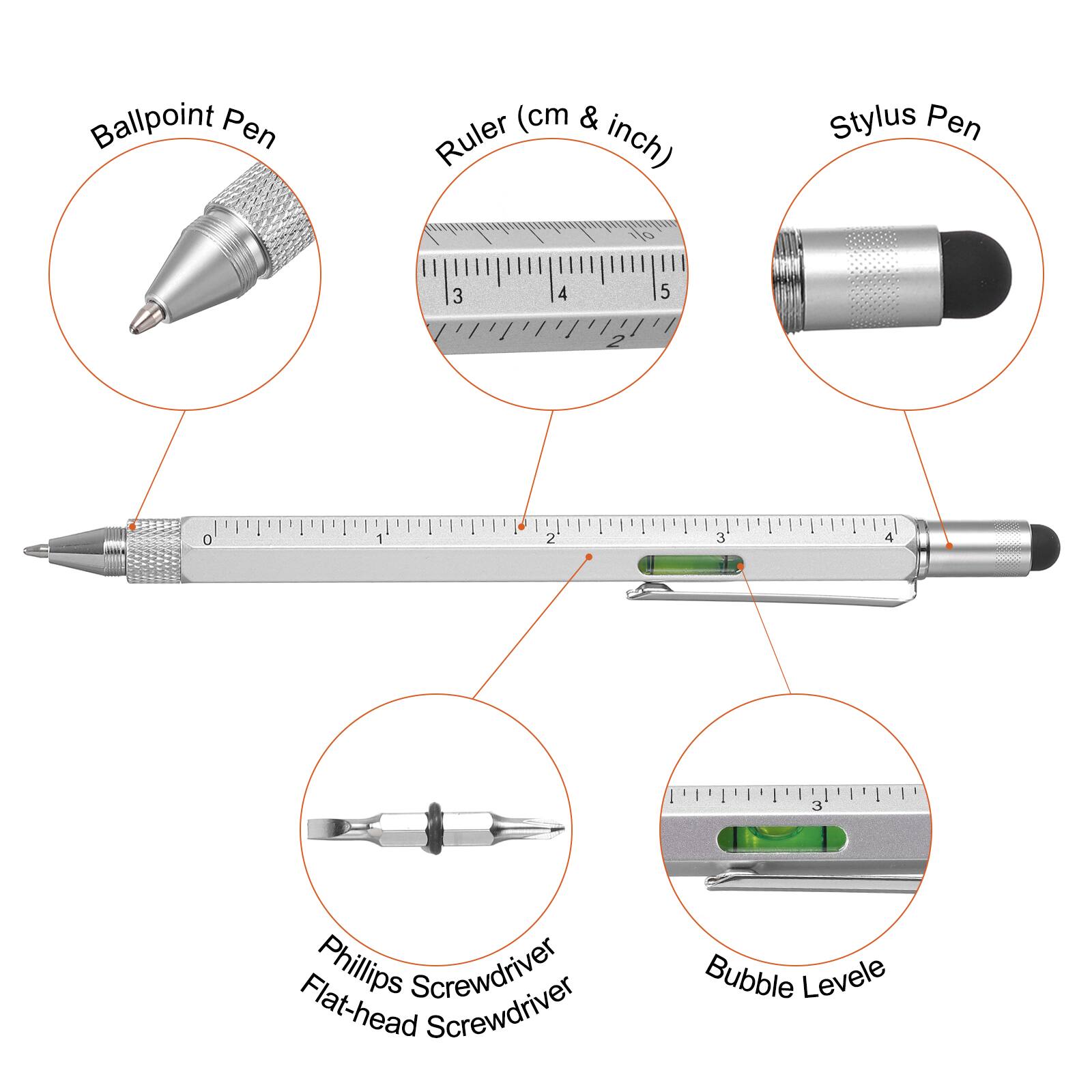Ballpoint Pen (cm & Ruler inch) Stylus Pen 3 4 5 0 2 3 4 3 Phillips Screwdriver Flat-head Screwdriver Bubble Level