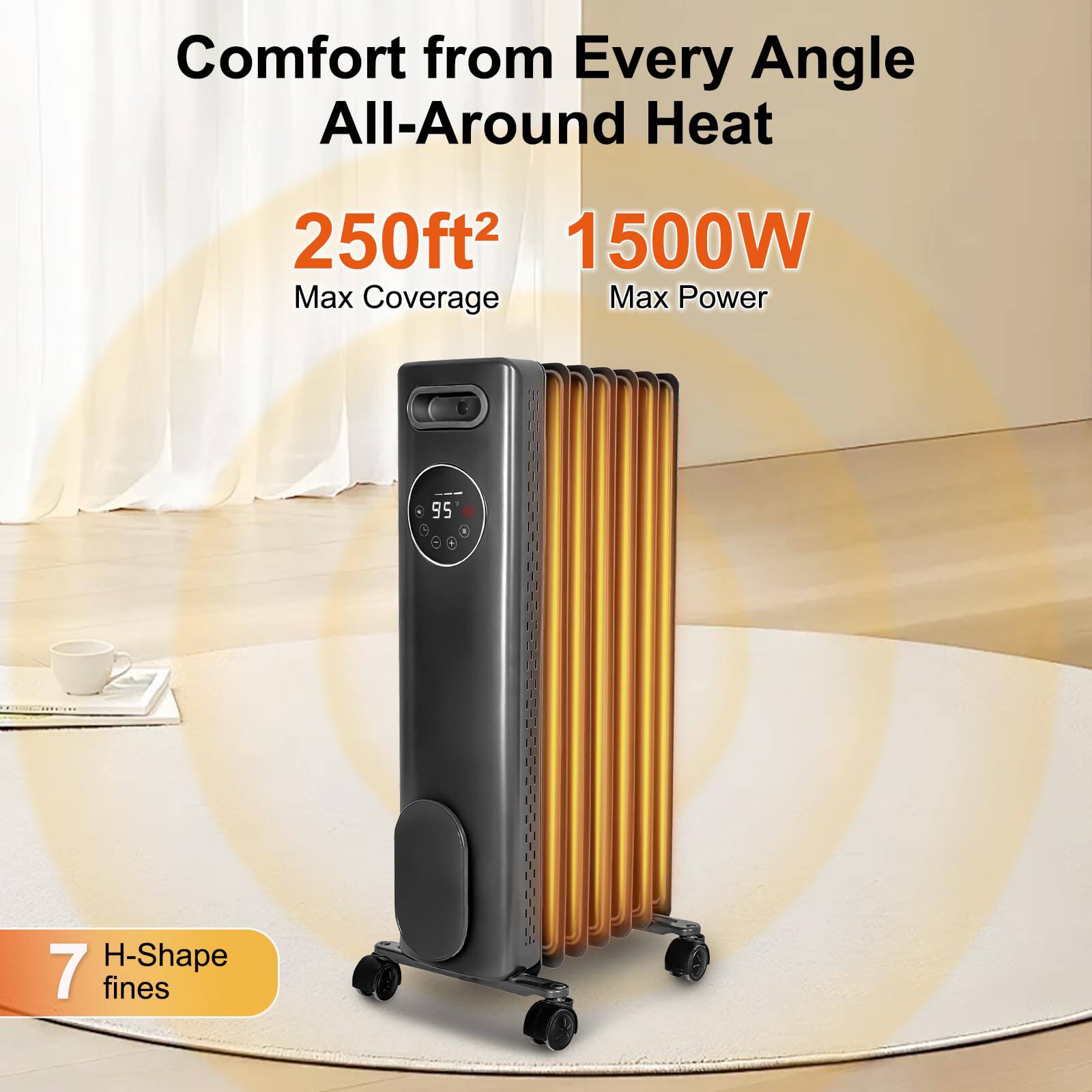 Comfort from Every Angle  
All-Around Heat  

250ft²  
Max Coverage  

1500W  
Max Power  

7 H-Shape fins