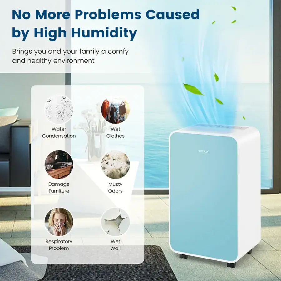 No More Problems Caused by High Humidity Brings you and your family a comfy and healthy environment Water Condensation Wet Clothes Damage Furniture Musty Odors Respiratory Problems Wet Wall