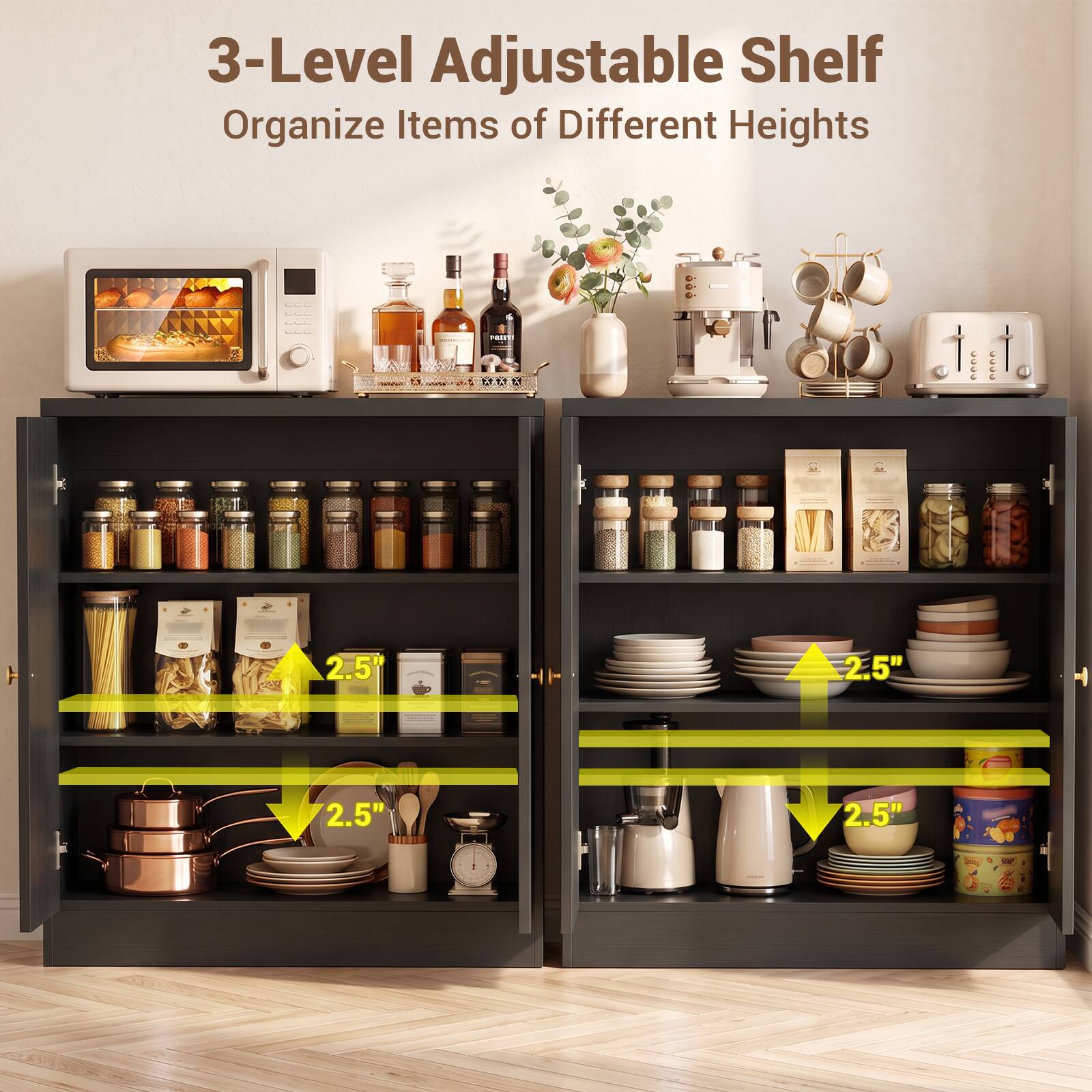 3-Level Adjustable Shelf Organize Items of Different Heights

2.5"
2.5"
2.5"
2.5"