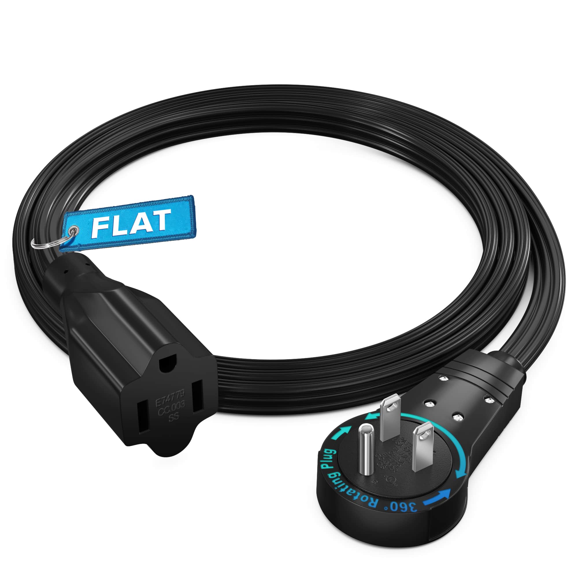 Maximm - 360° Rotating Flat Plug Extension Cord 3 feet Flat Cord Under Carpet with Slim Space-Saving Plug Design - Black