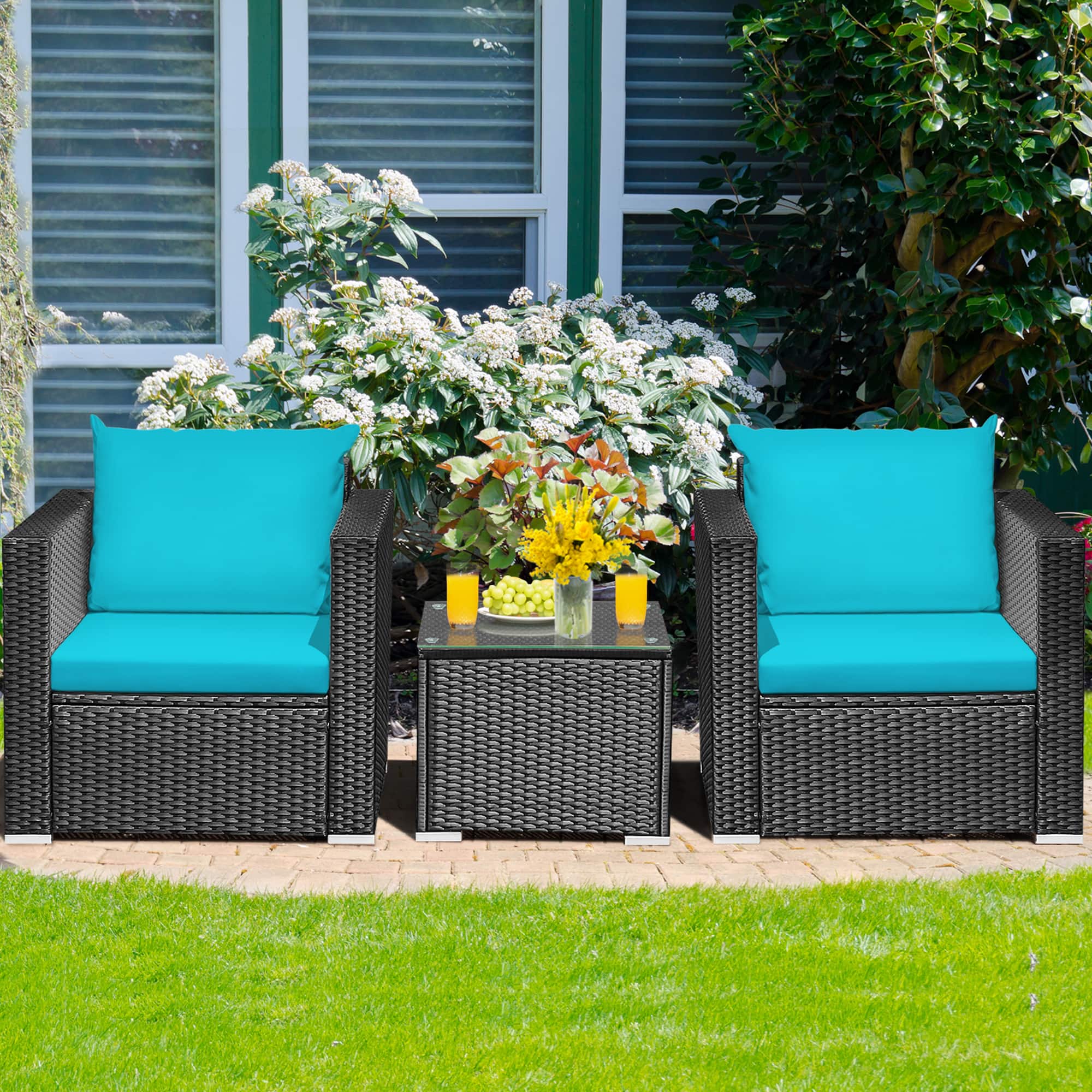 Gymax - 3PCS Rattan Patio Conversation Furniture Set Outdoor w/ Cushions - Turquoise