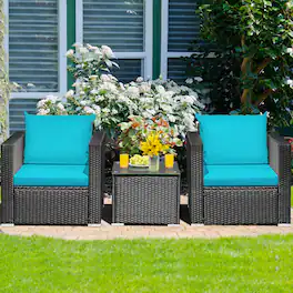 Gymax - 3PCS Rattan Patio Conversation Furniture Set Outdoor w/ Cushions - Turquoise