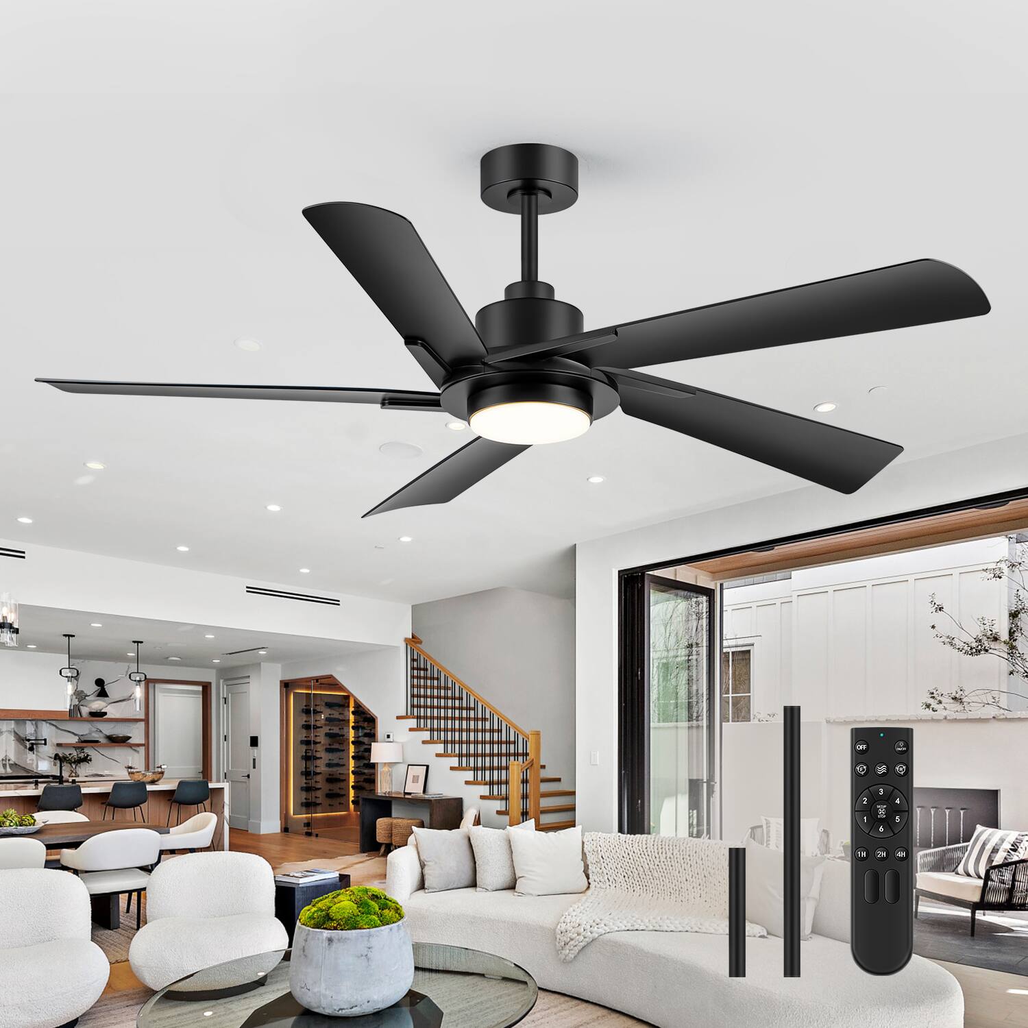 Breezary - 60-Inch Indoor Ceiling Fan with 5 ABS Blades, 3-Color Light, 6-Speed DC Motor, Remote, Timer & Memory, 6"/12" Downrods - Matte Black