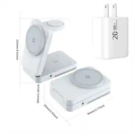 SKRAN - Folding Triple Wireless Charger with Charging Port - Magnetic Phone Stand for Apple Phone, Earphones and Watch - White