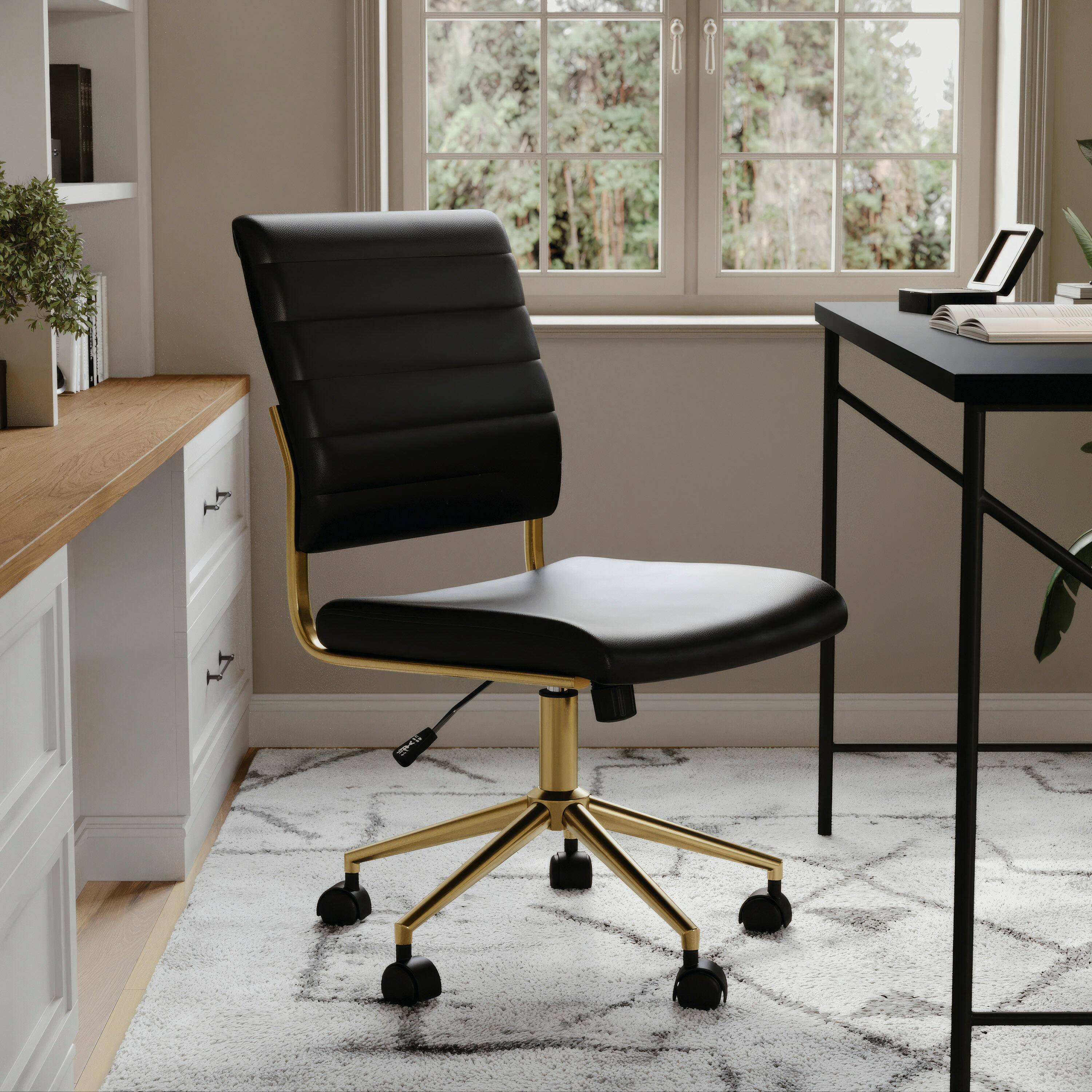 Alt View 14. Martha Stewart - Ivy Ribbed Faux Leather Office Chair - Black Faux Leather/Polished Brass.