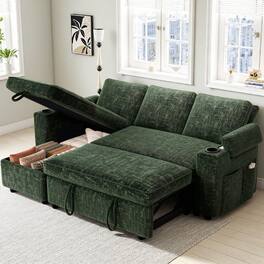 Dyonery - 82" Green Chenille L Shaped Sectional Sleeper Sofa Bed with Pull Out Bed,Reclining Backrest,Reversible Storage Chaise - Green