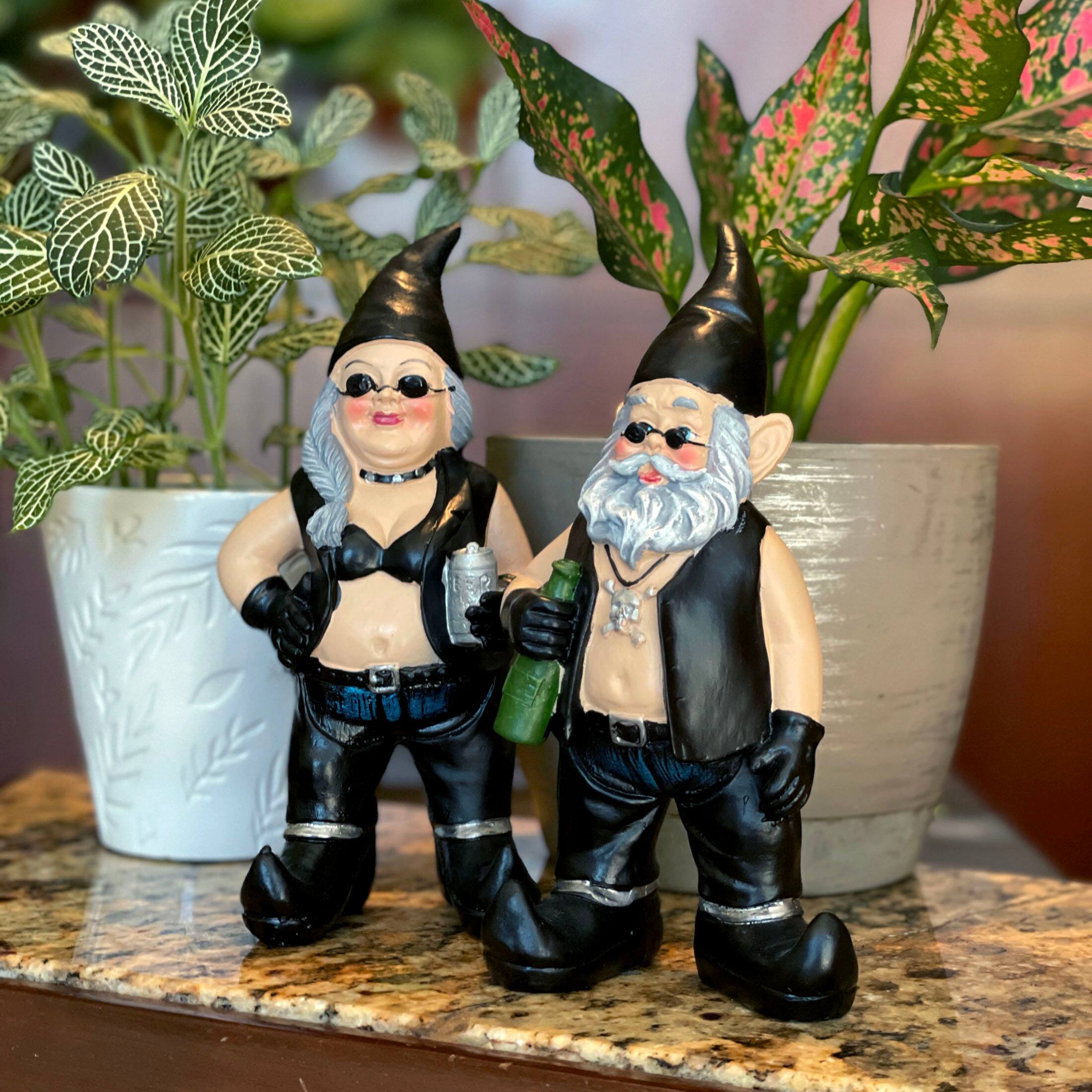 Zeckos Gnoschitt and Gnofun Thirsty Biker Garden Gnome Statues 7.5