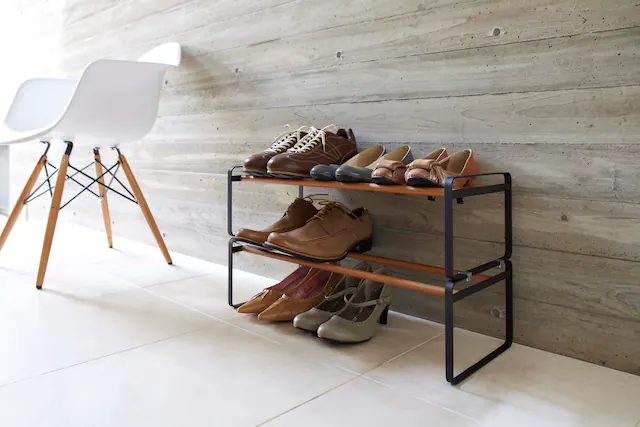 Front. Yamazaki Home - Stackable Shoe Rack (7" H) - Steel + Wood - Black.