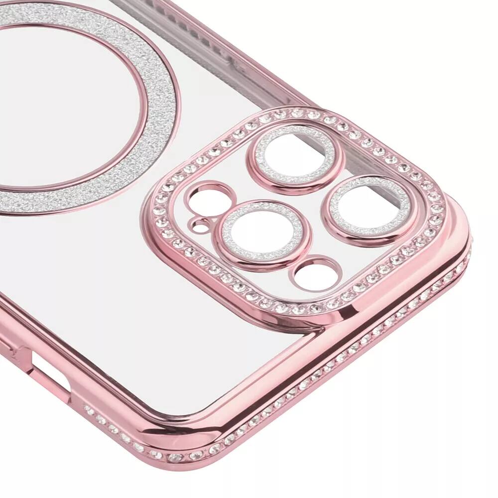 Alt View 3. Entronix - Entronix Magnetic Case for iPhone 15 Pro - Clear Back with Luxury Rhinestones - Rose Gold.