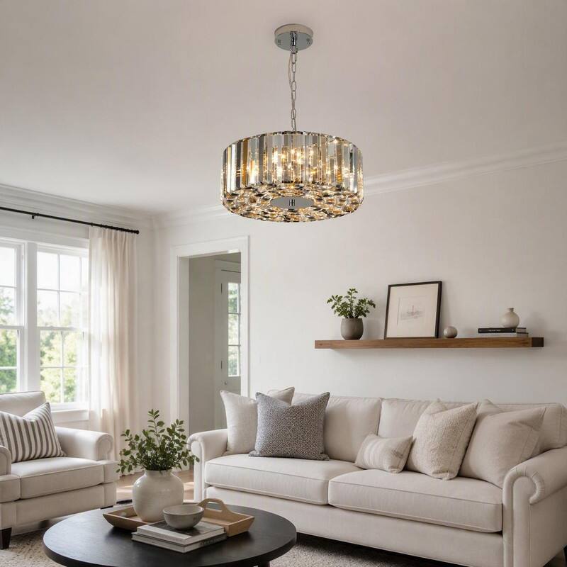 Left. RYHNUYNE - 17-Inch Chrome Crystal Pendant Light, Modern 4-Light Hanging Chandelier with Adjustable Drop for Living Room.