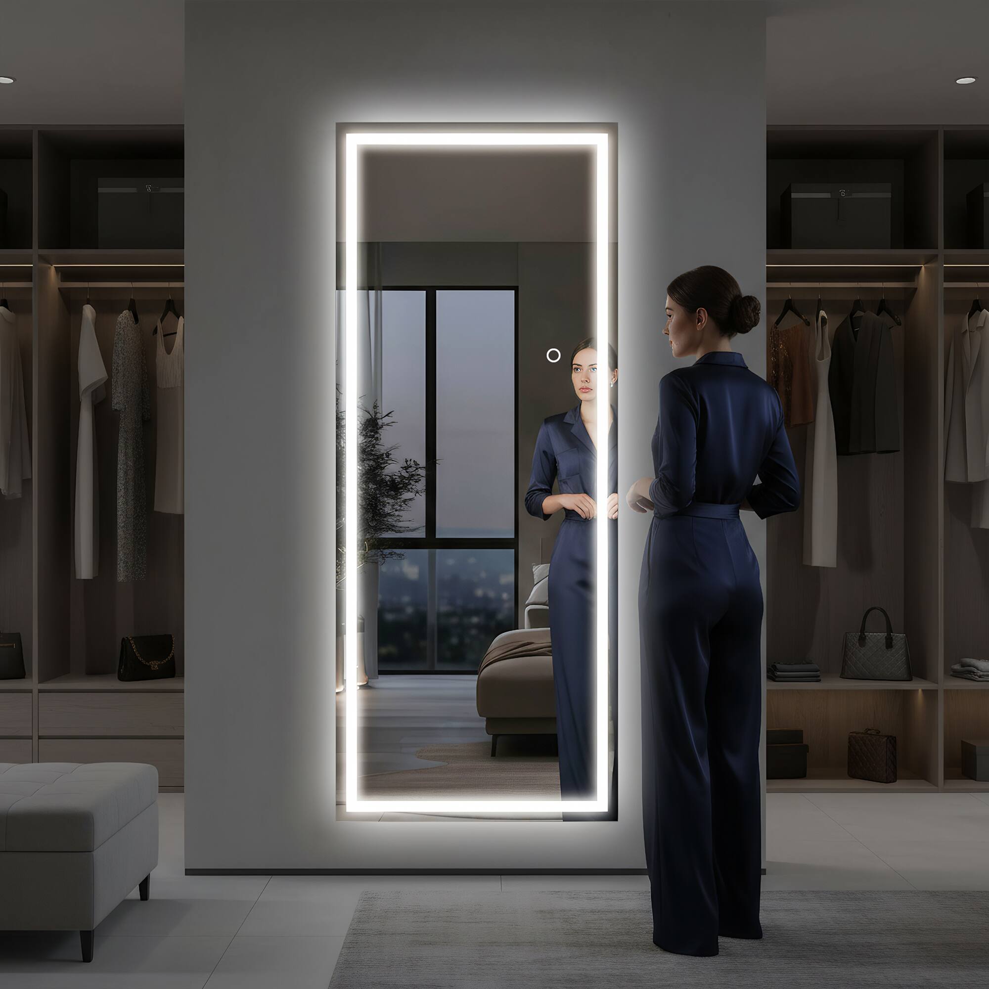 Angle. Spaco - Spaco 71 x 28 Rectangle Frameless Full-Length Tempered Mirror with Adjustable 3-Color LED Light - Black.