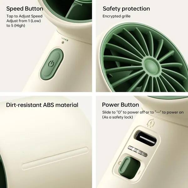 Speed Button  
Tap to Adjust Speed  
Adjust from 1 (Low) to 5 (High)  

Safety protection  
Encrypted grille  

Dirt-resistant ABS material  

Power Button  
Slide to "O" to power off or to " " to power on  
(As a safety lock)