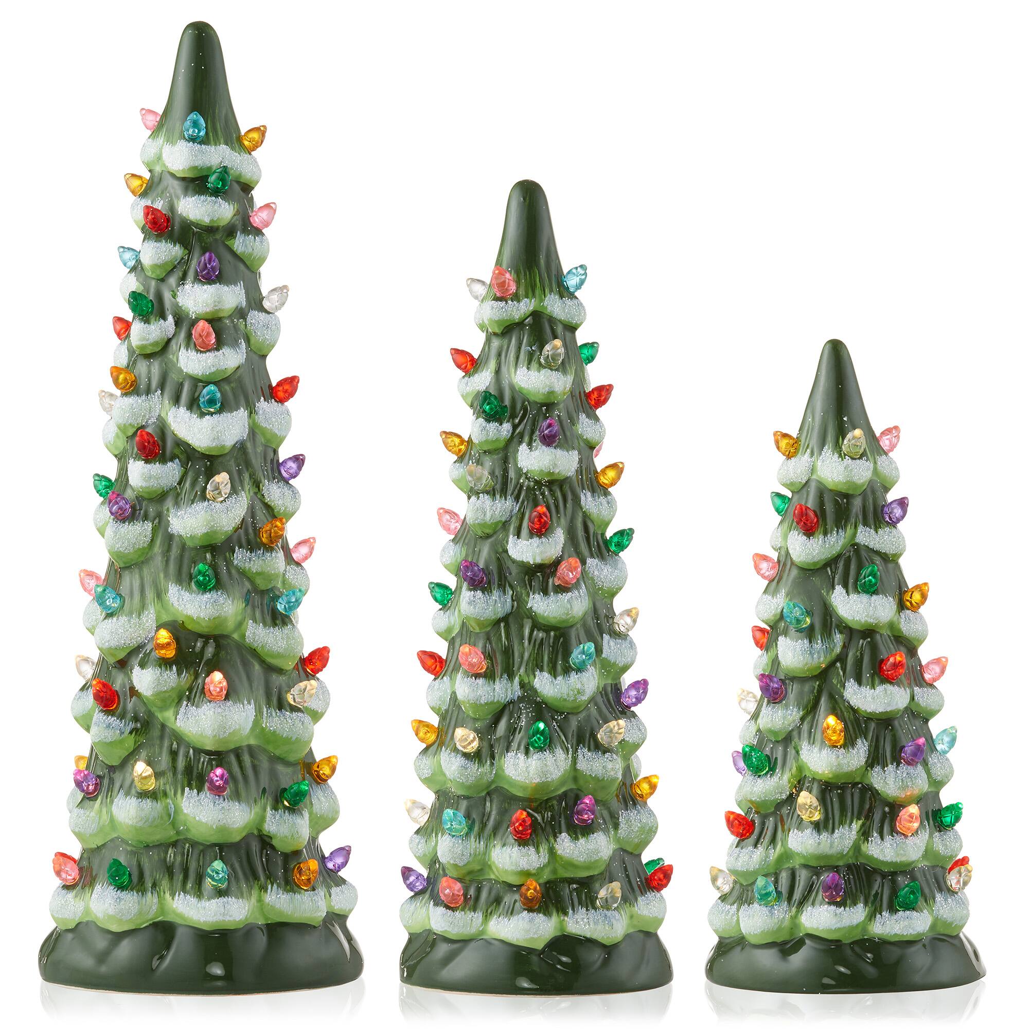 Alt View 2. Casafield - 3PC Set 8/10/12" Pre-Lit Ceramic Christmas Trees with Lights - Green Flocked w/ Multicolor.