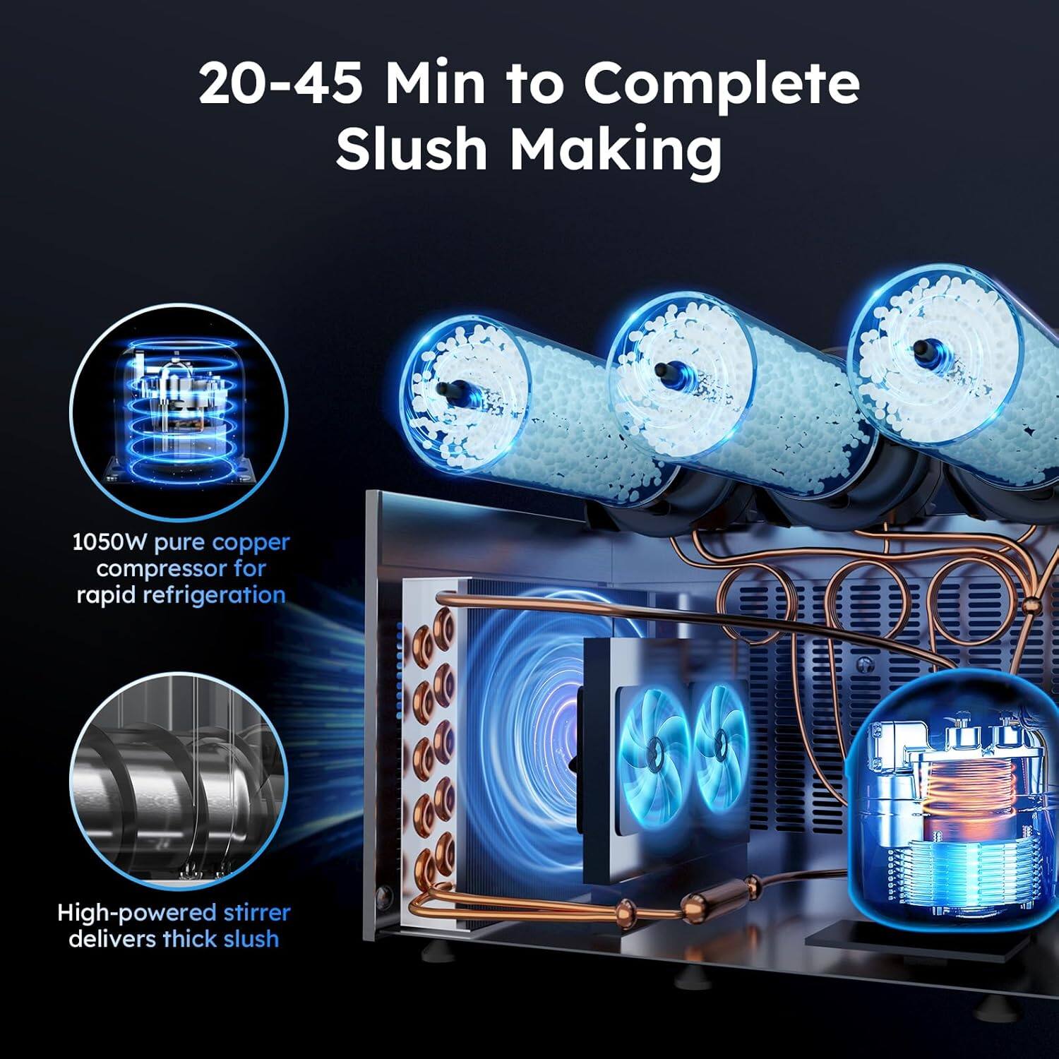 20-45 Min to Complete Slush Making

1050W pure copper compressor for rapid refrigeration

High-powered stirrer delivers thick slush