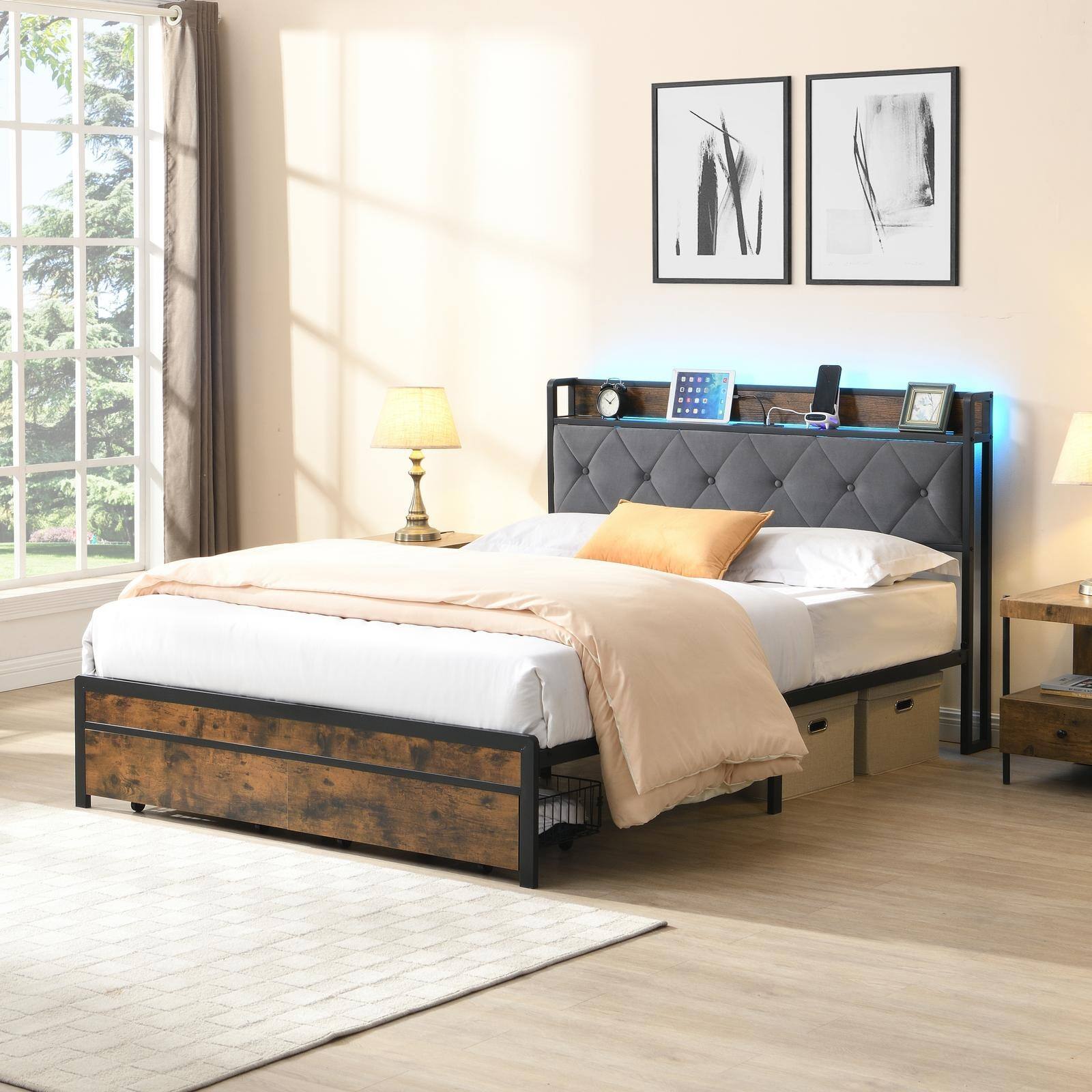 Alt View 1. Spaco - Spaco Full Bed Frame with Storage, Bed Frame with LED Lights,2 Drawers, Charging Station, No Box Spring Needed - Brown+Gray.