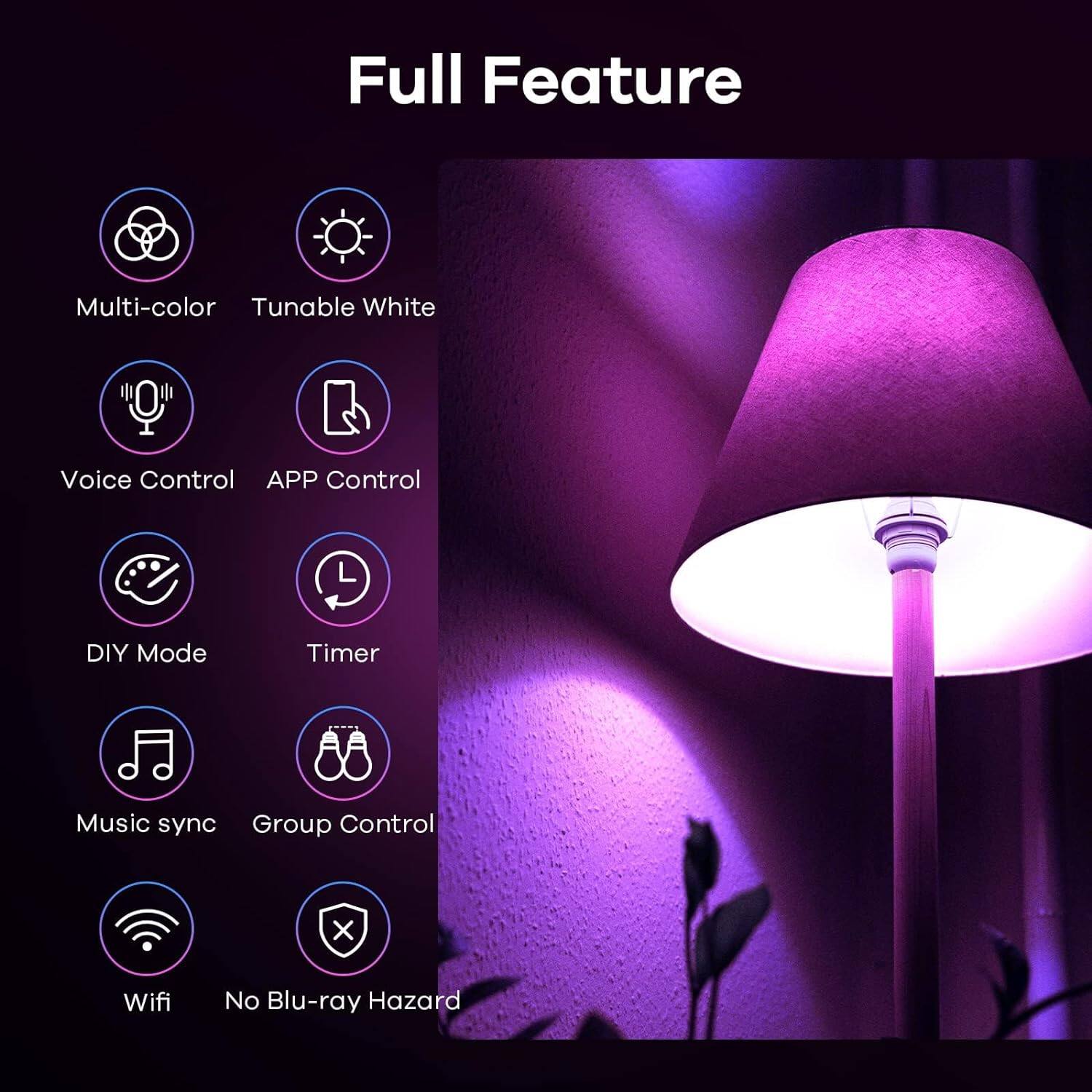Full Feature Multi-color Tunable White Voice Control APP Control DIY Mode Timer Music sync Group Control x Wifi No Blu-ray Hazard