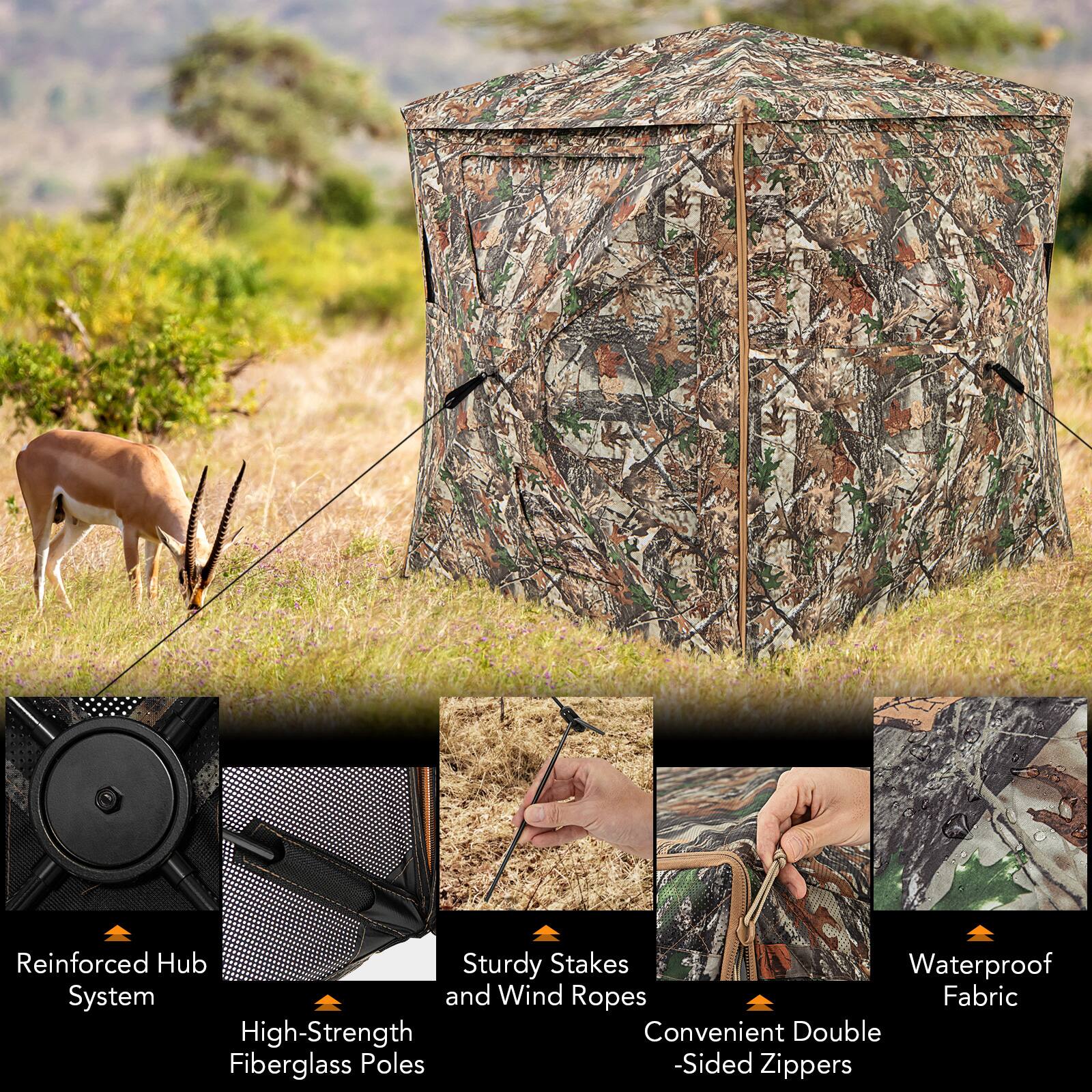 Reinforced Hub System  
Sturdy Stakes and Wind Ropes  
High-Strength Fiberglass Poles  
Waterproof Fabric  
Convenient Double-Sided Zippers