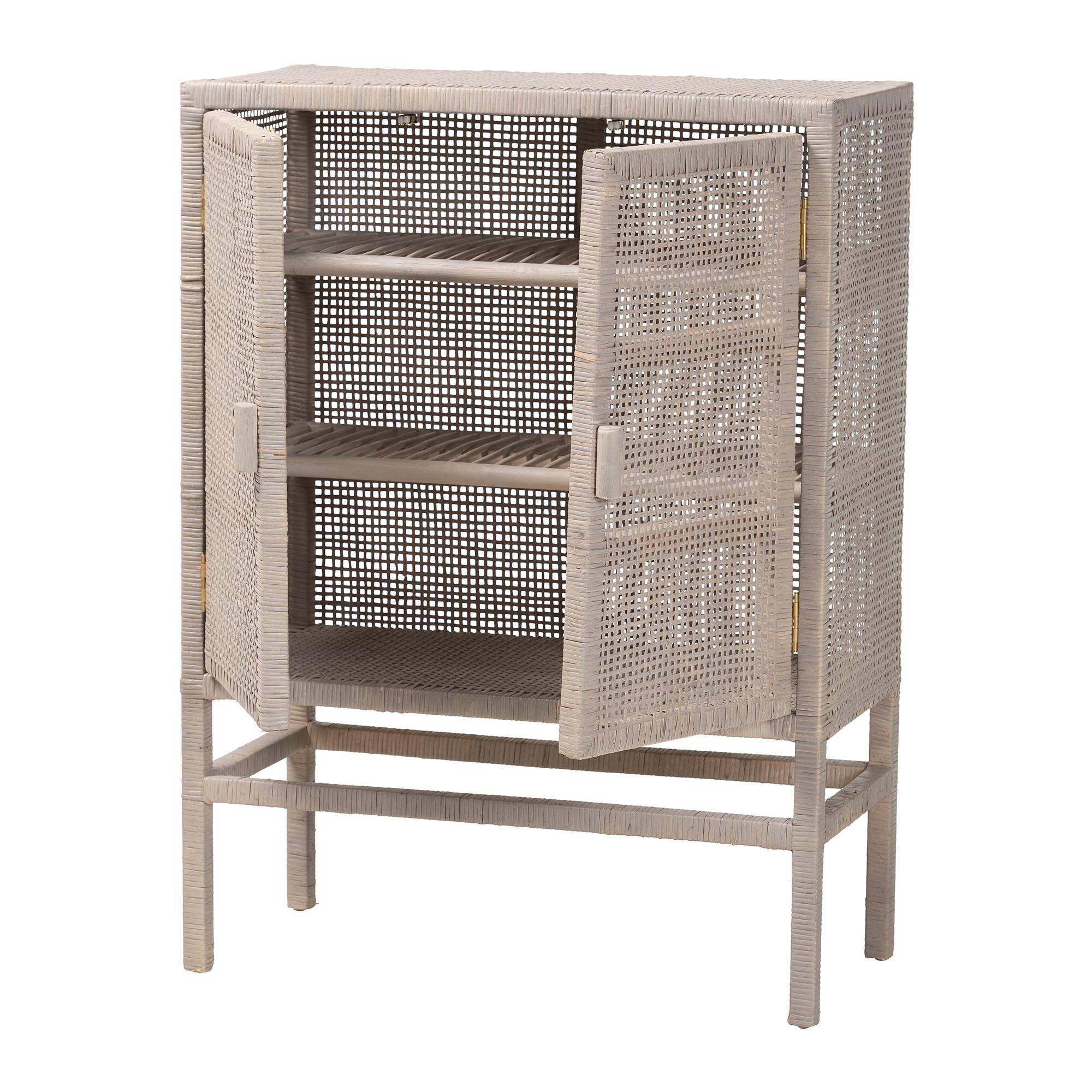 Angle. bali & pari - Vivan Natural Rattan Storage Cabinet - 3-Tier Handwoven Wicker Accent Cabinet with Double Doors and Elevated Base - French Grey.