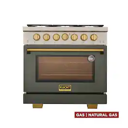 Kucht - 36 in. 5.2 cu. ft. Natural Gas Range and Convection Oven in Olive Green with gold knobs and True Simmer Burners - Olive Green