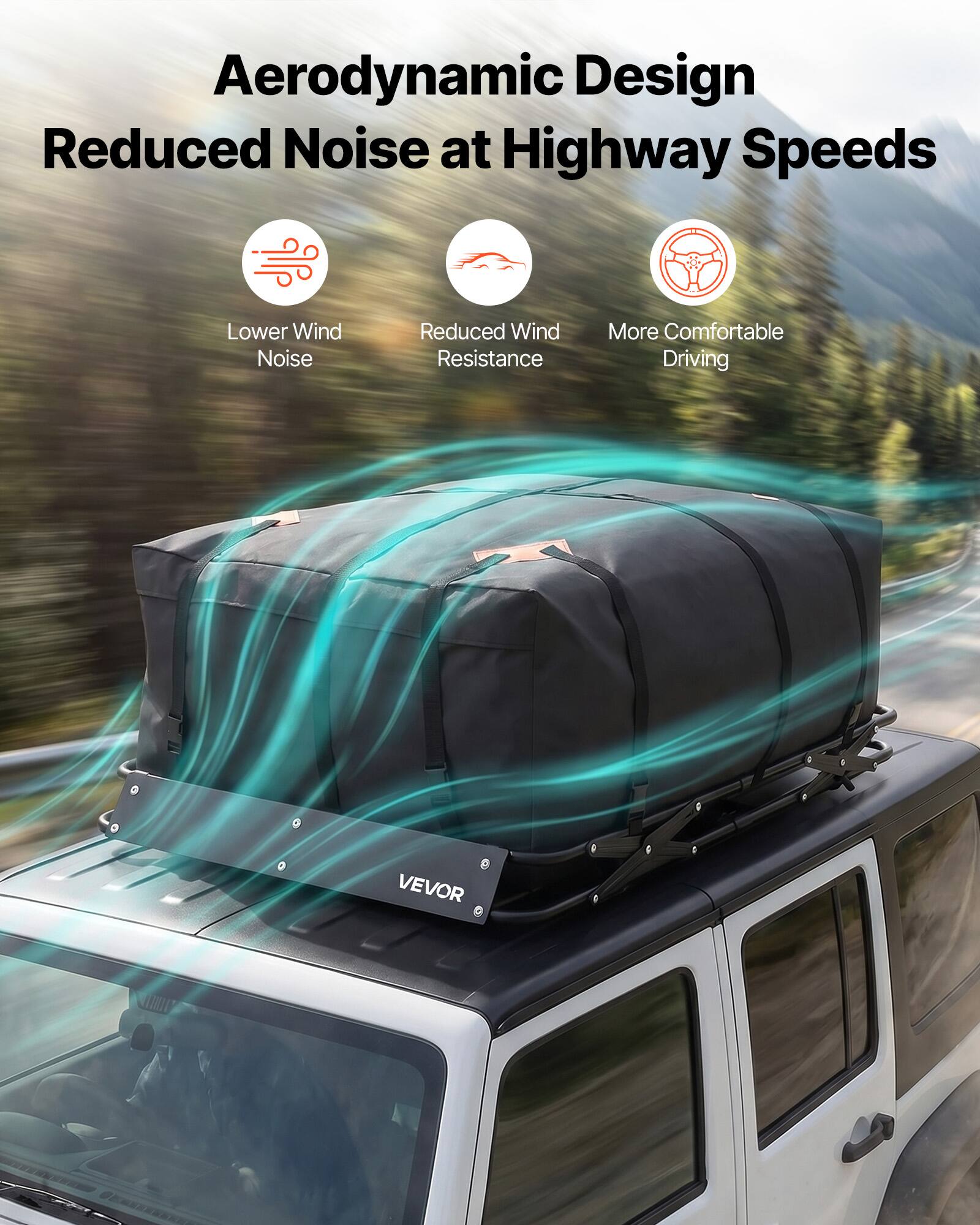 Aerodynamic Design  
Reduced Noise at Highway Speeds  

- Lower Wind Noise  
- Reduced Wind Resistance  
- More Comfortable Driving  

VEVOR