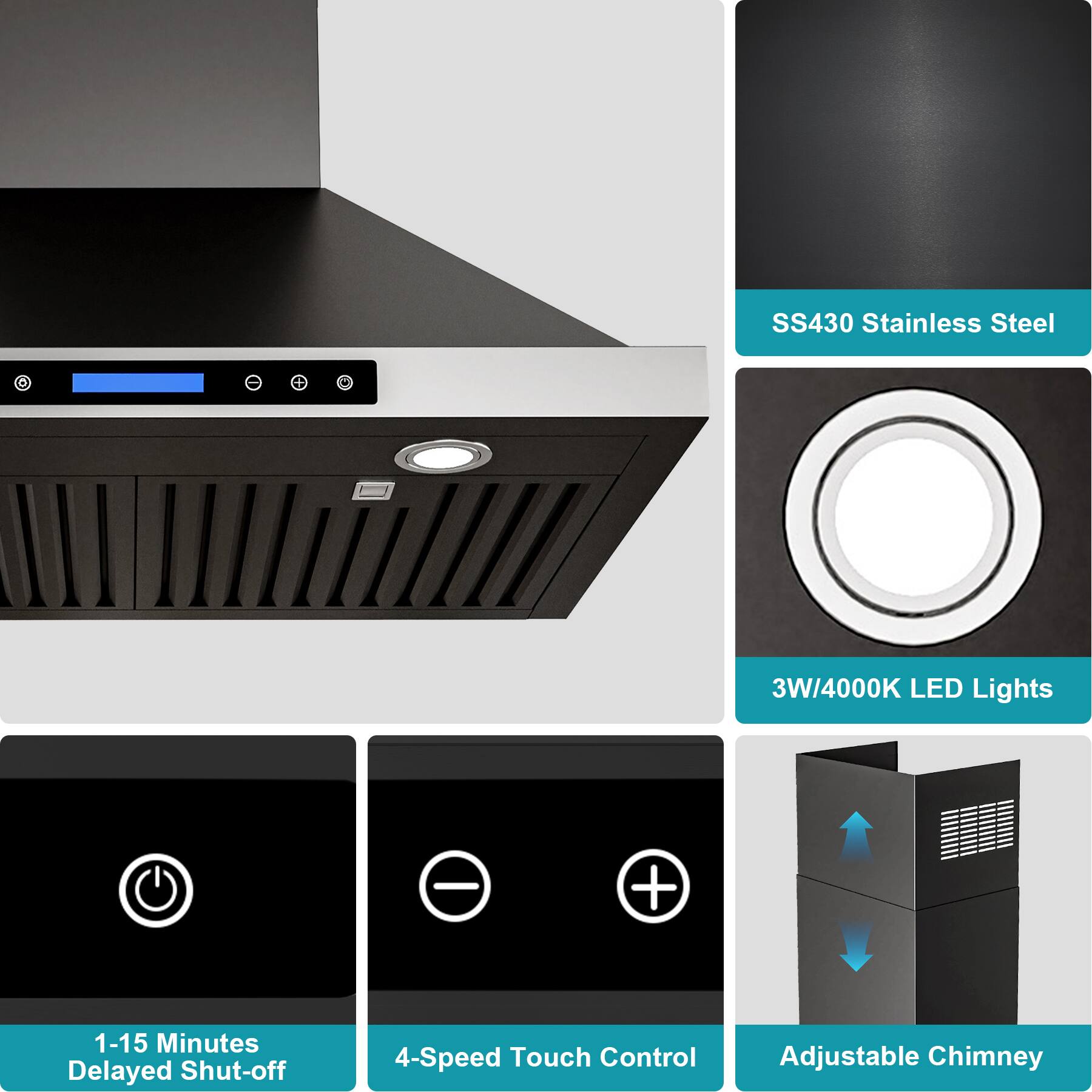 SS430 Stainless Steel 3W/4000K LED Lights - 1-15 Minutes Delayed Shut-off 4-Speed Touch Control Adjustable Chimney