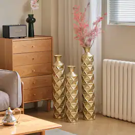 Anysun - Metal Decorative Vase Set of 3 - High Distress Finish with 3D Triangle Pattern, 33.5"/29.5"/25.2"H - Gold