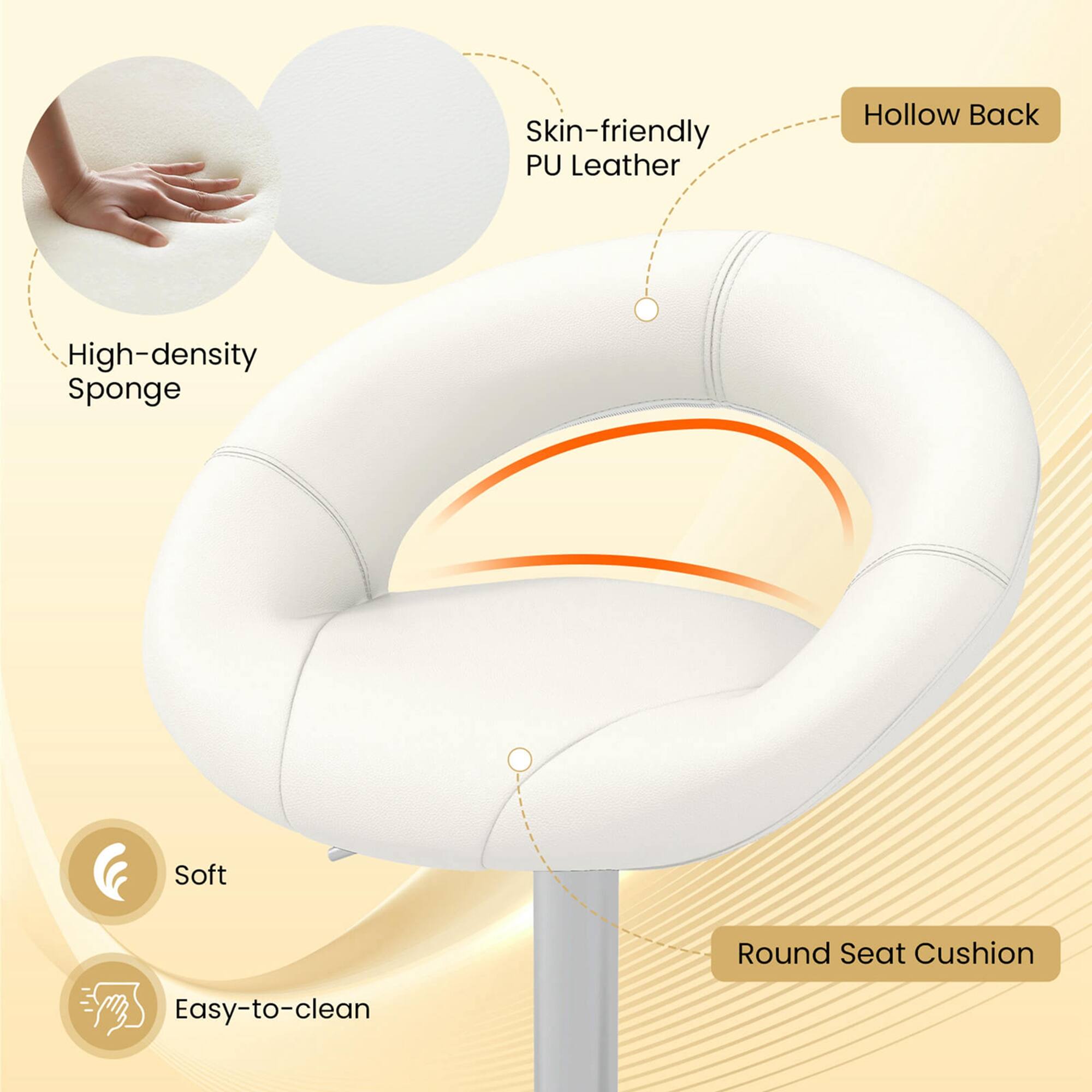 Skin-friendly PU Leather  
Hollow Back  
High-density Sponge  
Soft  
Easy-to-clean  
Round Seat Cushion