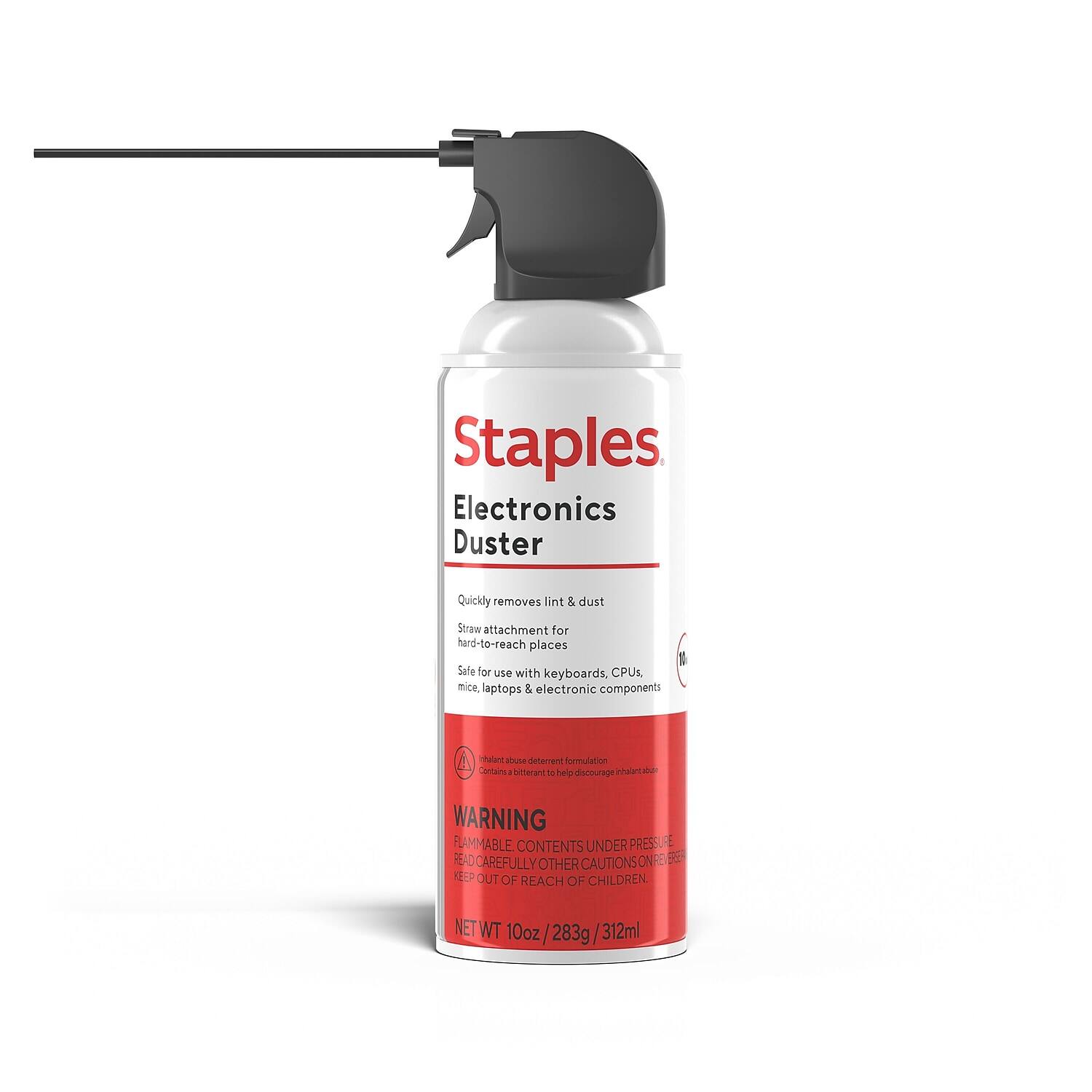 Staples  
Electronics Duster  

Quickly removes lint & dust  
Straw attachment for hard-to-reach places  
Safe for use with keyboards, CPUs, mice, laptops & electronic components  

A  
Non-toxic, non-detergent formulation  
Contains a bacteriostat to help discourage bacterial growth  

WARNING  
FLAMMABLE CONTENTS UNDER PRESSURE  
READ CAREFULLY  
KEEP OUT OF REACH OF CHILDREN  

NET WT 10oz / 283g  
312ml