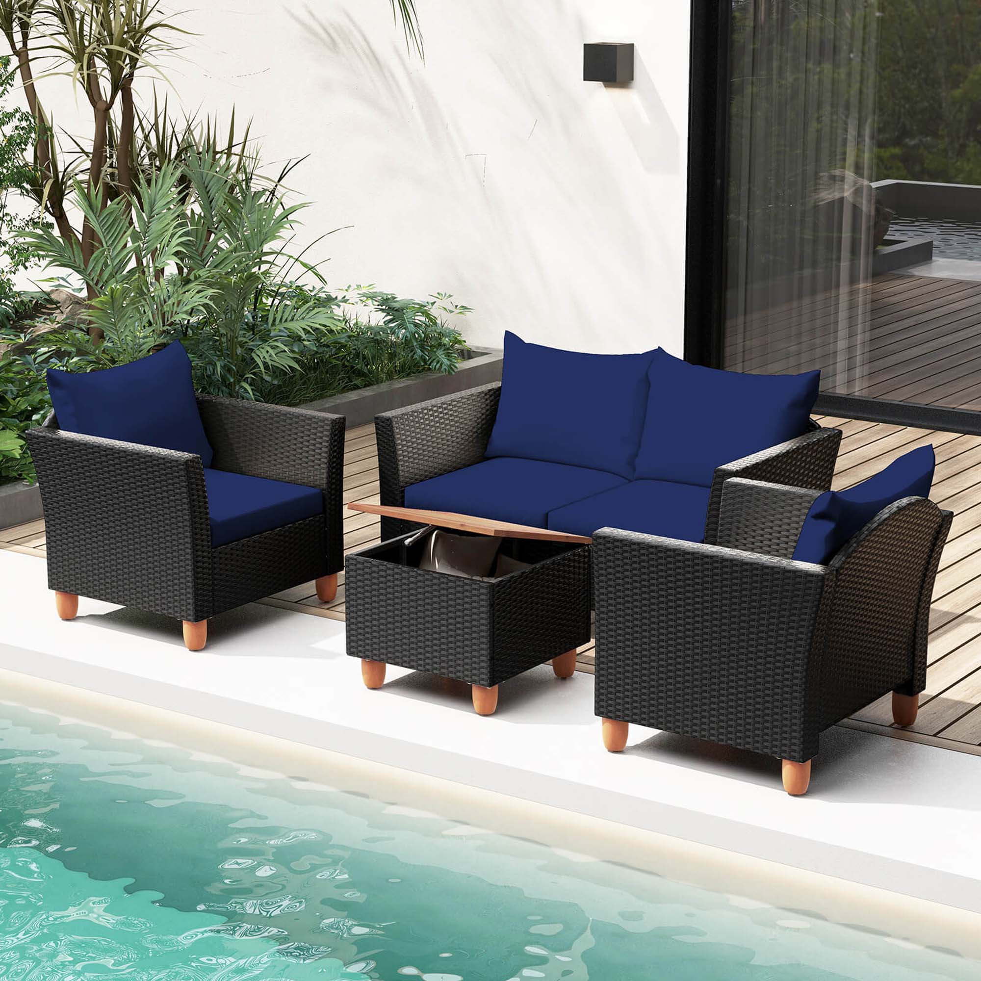 Alt View 3. Costway - 8 PCS Wicker Patio Furniture Set with Removable Cushions Storage Coffee Table - Navy,Black.