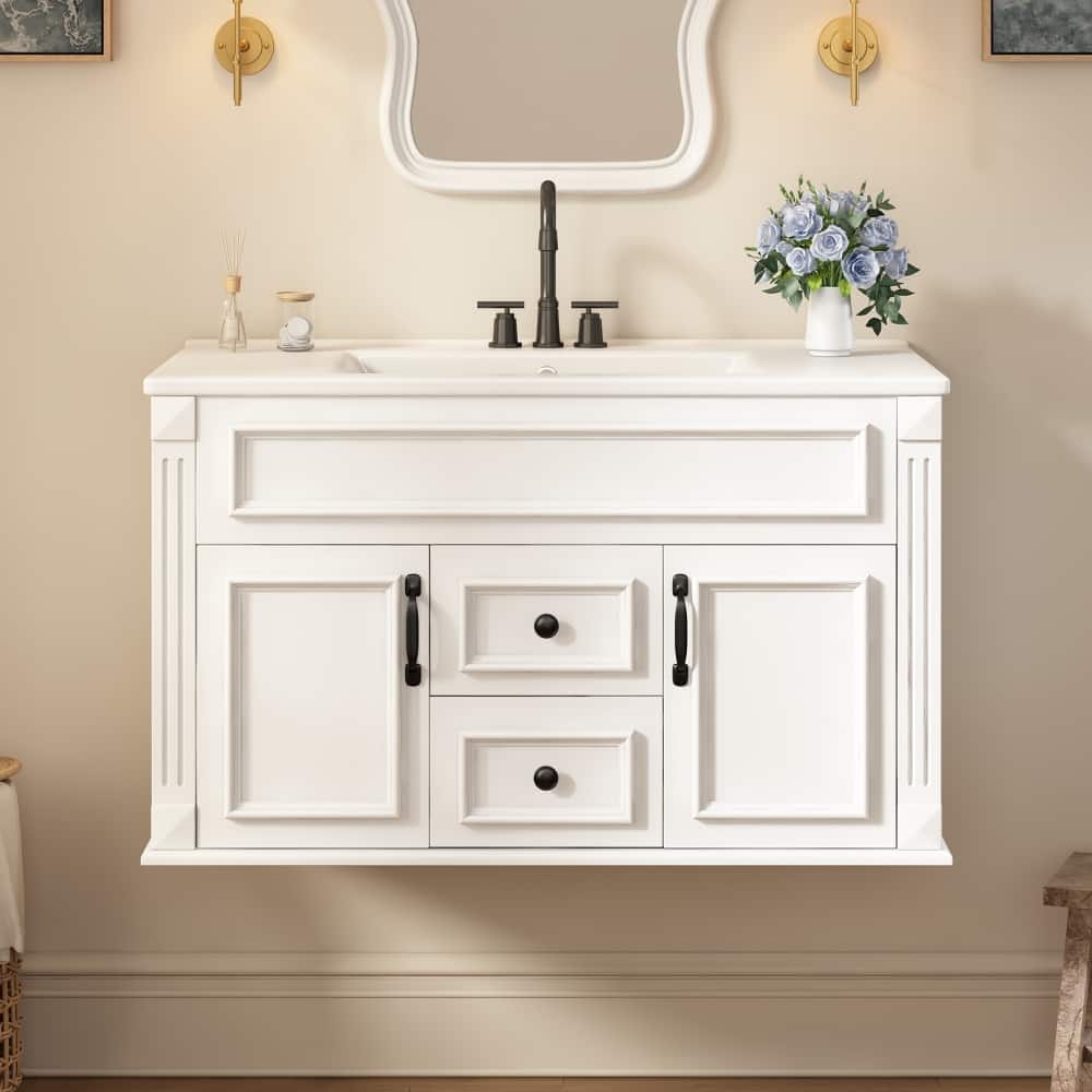Loheer - 36 inch wall mounted bathroom vanity Floating Bathroom Cabinet with Ceramic Sink - White