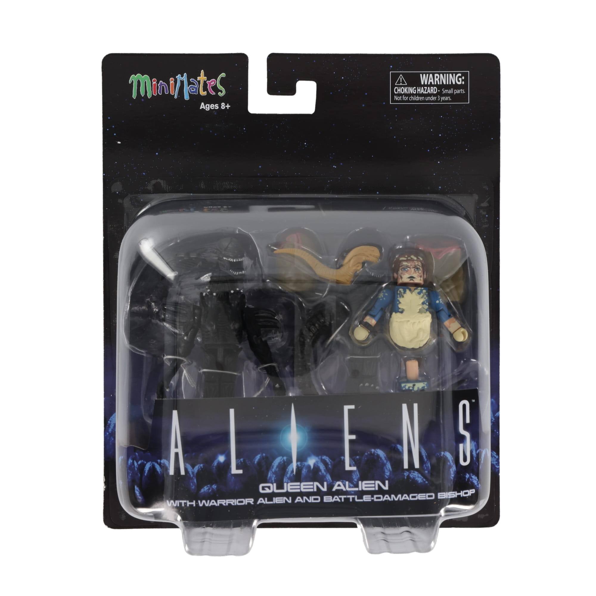 Minimates Ages 8+  
WARNING: CHOKING HAZARD - Small parts. Not for children under 3 years.  
ALIENS  
QUEEN ALIEN AND BATTLE-DAMAGED BISHOP WITH WARRIOR ALIEN